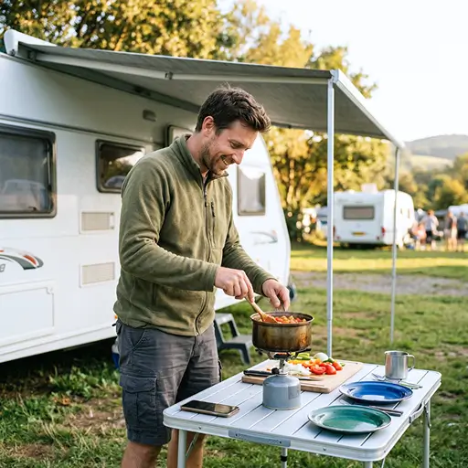 A man camping outdoors in a fleece jacket cooks food, using Whisprice to track the price history of timeless Uniqlo staples and seasonal apparel.