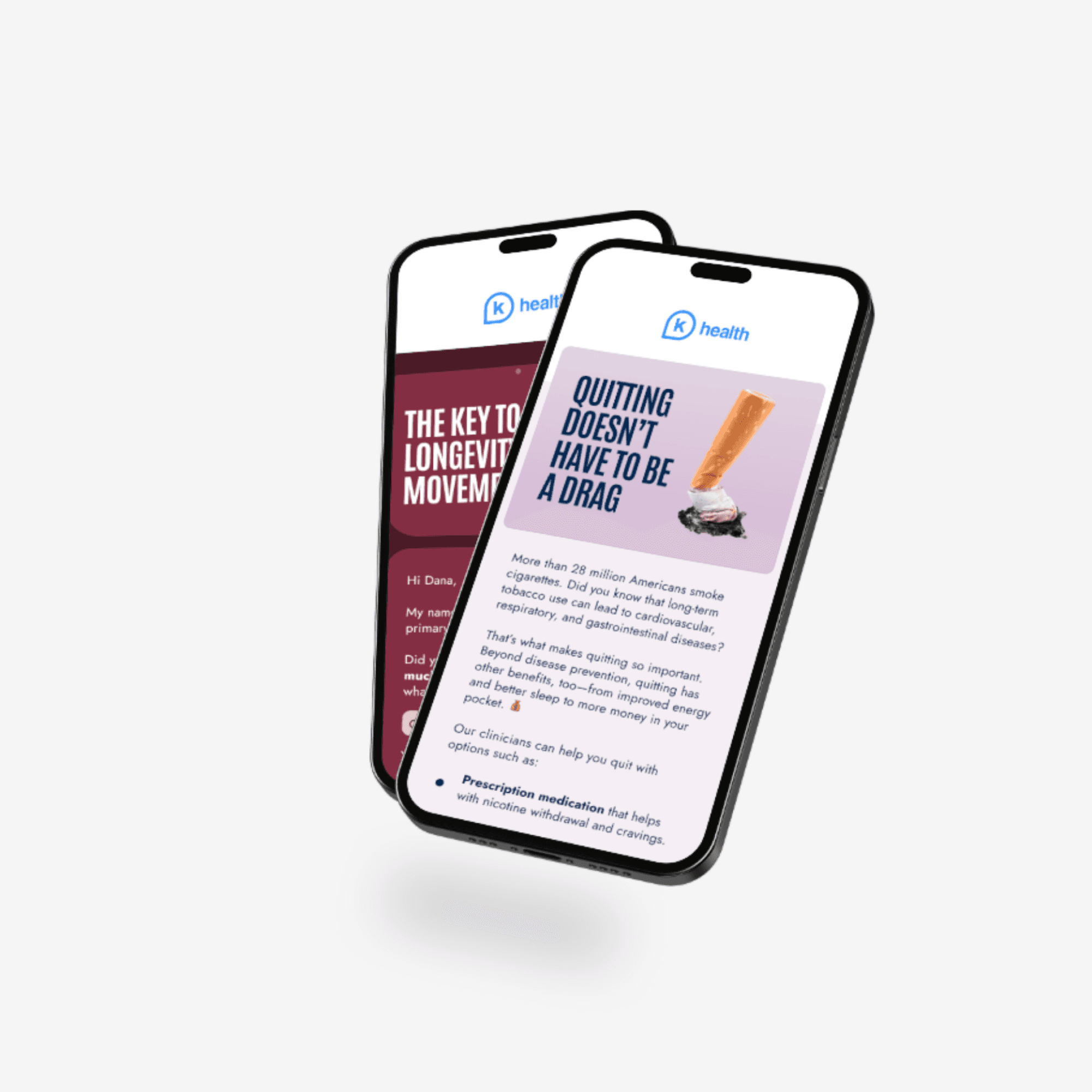 Two smartphones displaying text-based content on their screens, positioned at an angle against a plain background.