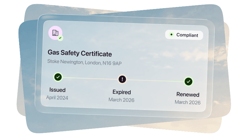 Gas safety certificate renewal timeline in August showing issued, expired and renewed dates with compliance status.