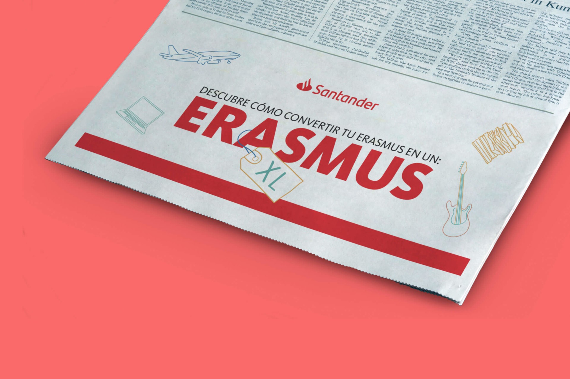 Publicidad de Santander sobre Erasmus XL en periódico, con ilustraciones de avión y guitarra.