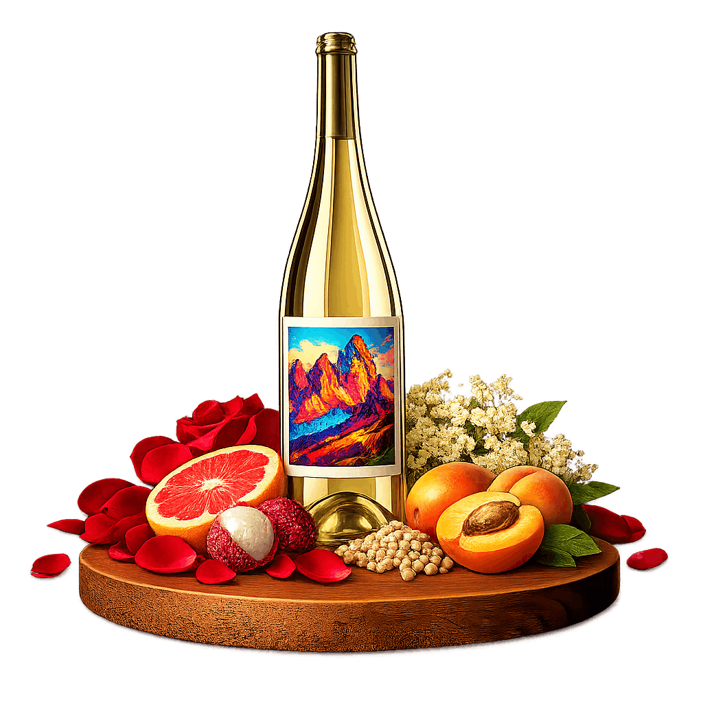 Artistic label and flavor profile for Alto Adige Aromatic White on a rustic wooden table.