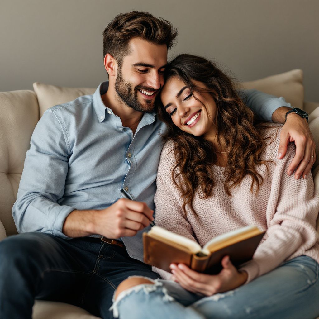 Happy couple sitting on the couch and planning their wedding