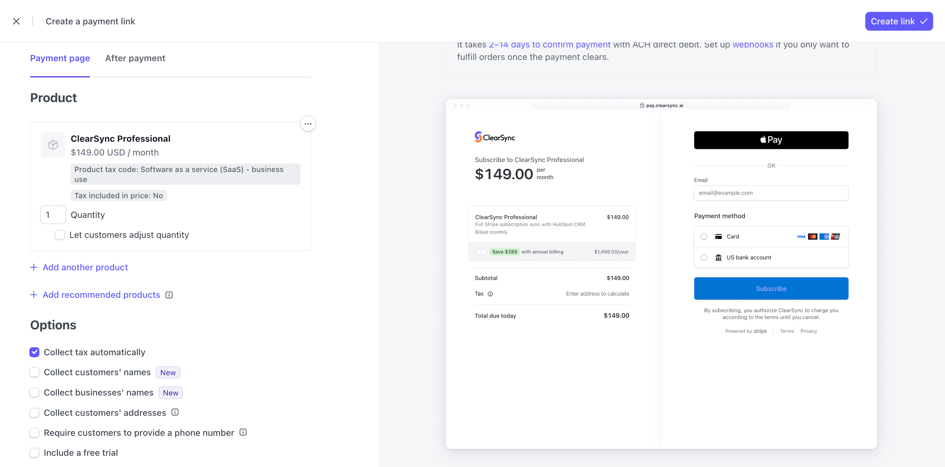 Stripe payment link setup
