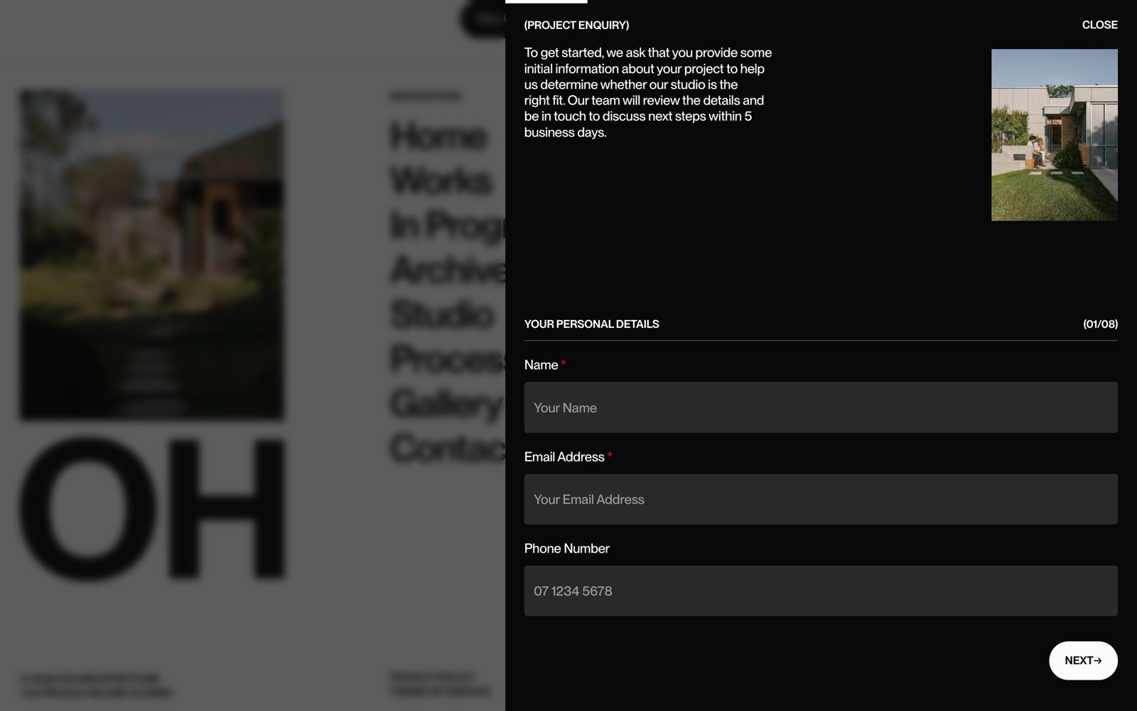 Project enquiry form with fields for Name, Email Address, and Phone Number. "NEXT" button at the bottom.