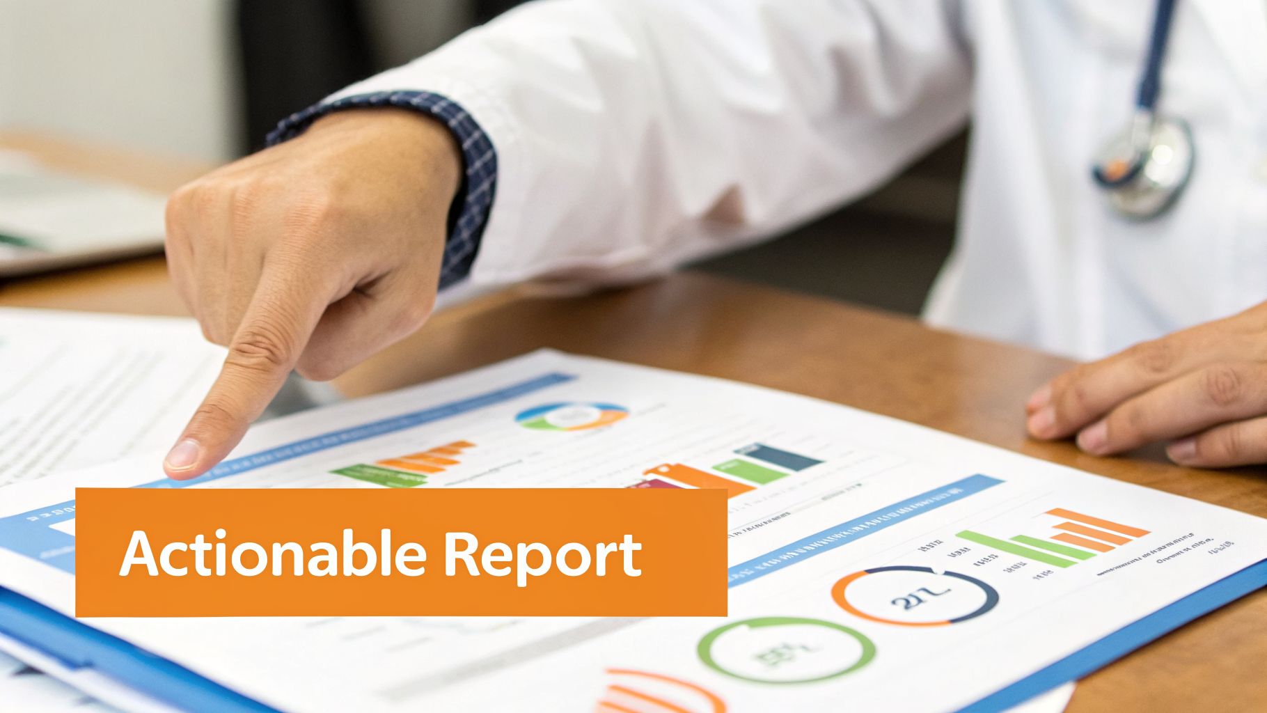 A doctor in a white coat points to an actionable report with data charts and graphs.