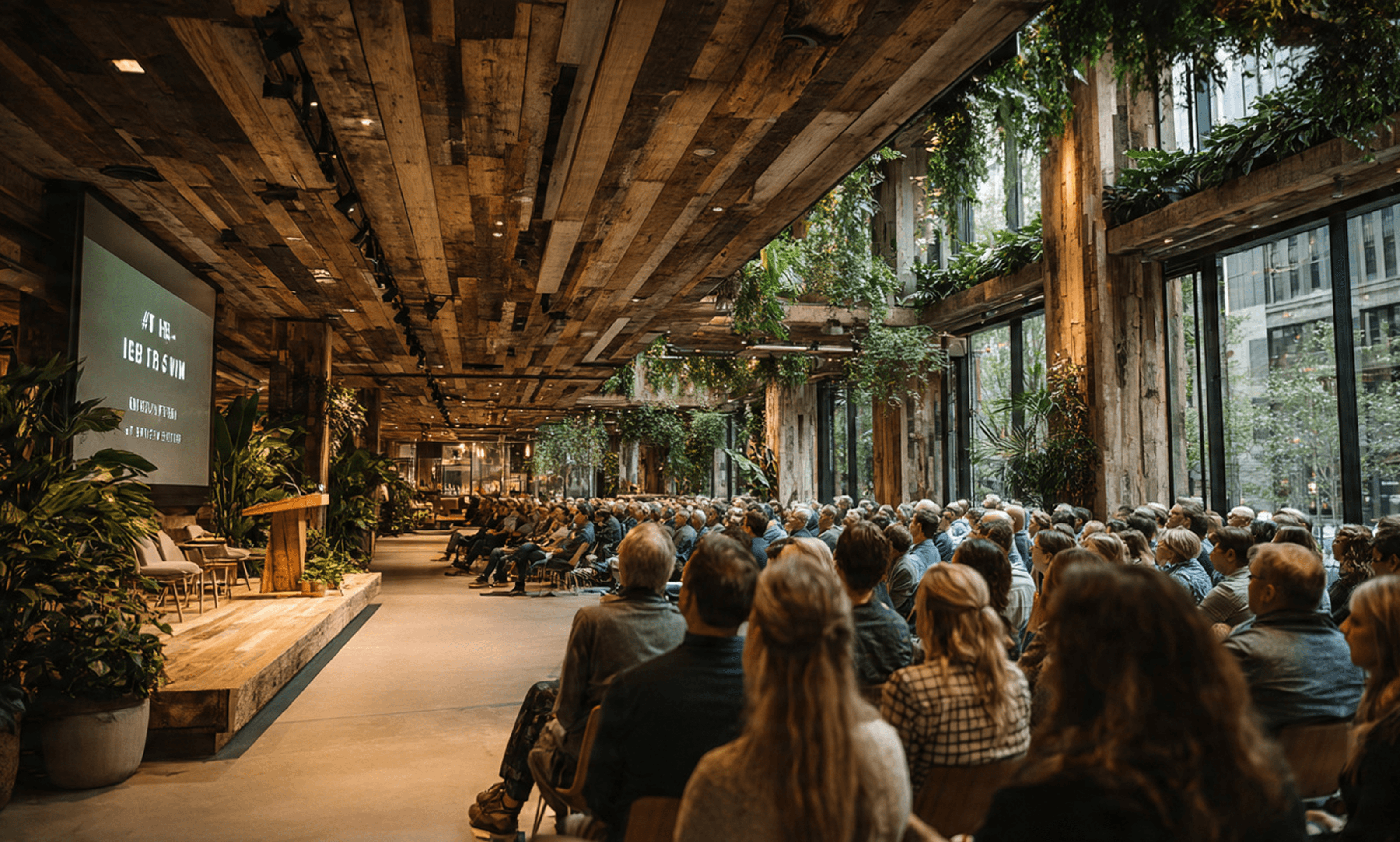 A presentation taking place in a modern, plant-filled event space with a wooden ceiling.