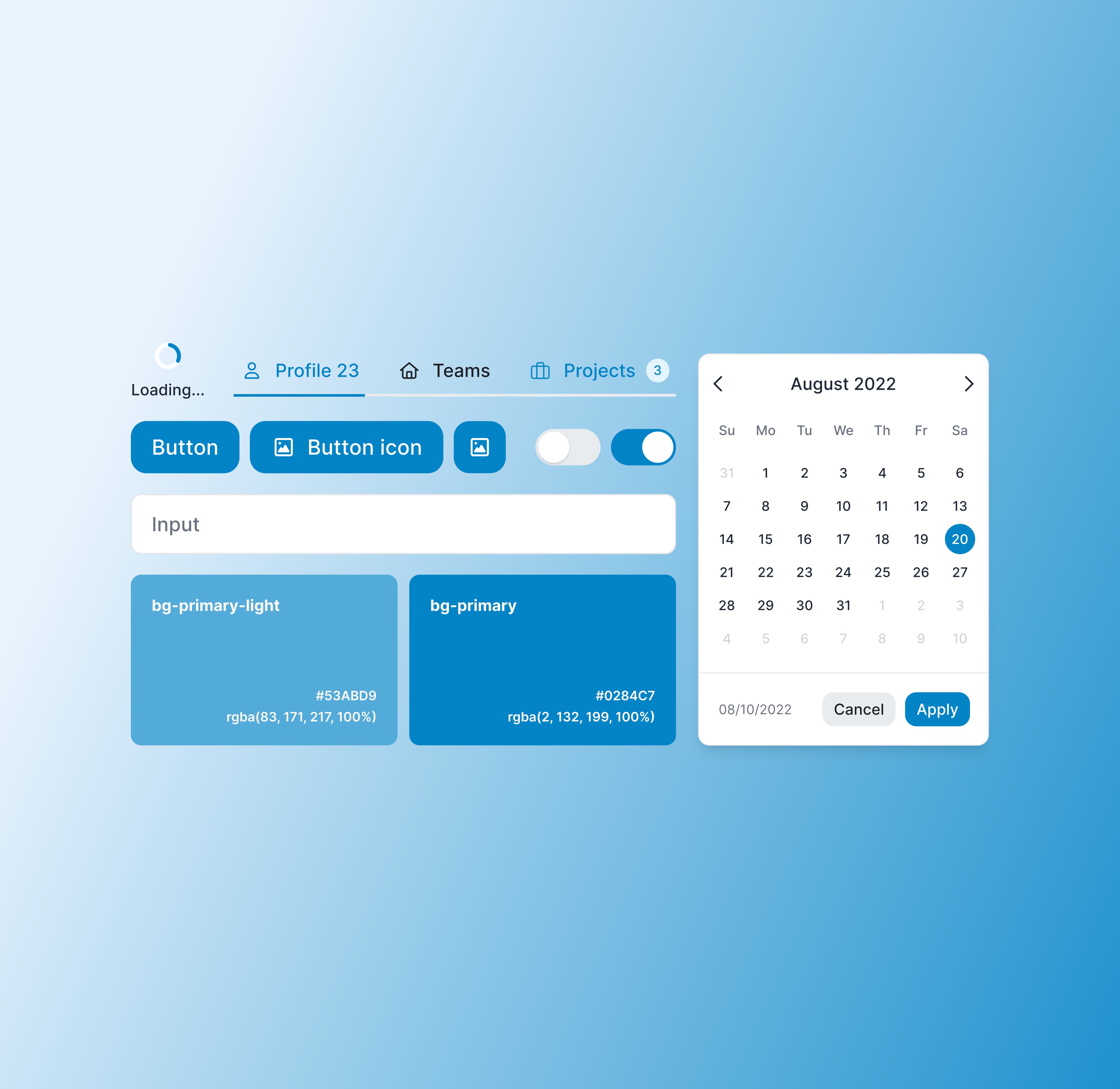 Figma design system components including button variants, a color palette, input fields, and a date picker modal, on a blue background