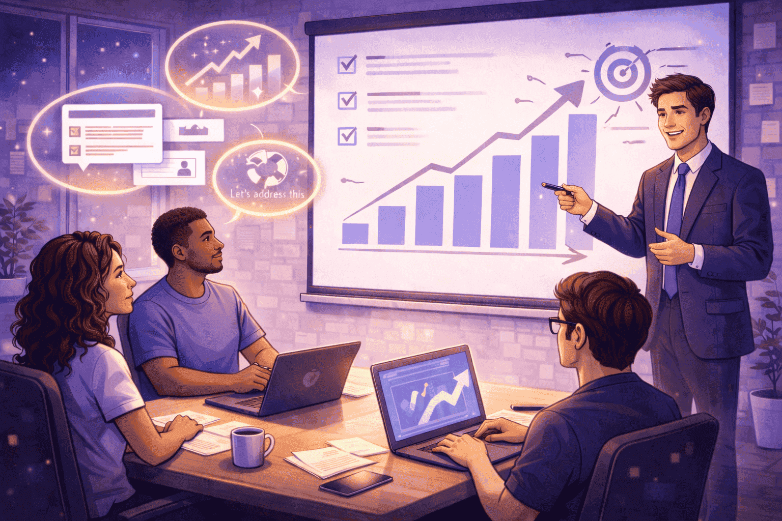 Leader presenting performance metrics and improvement plan to team in a transparent coaching-focused meeting environment