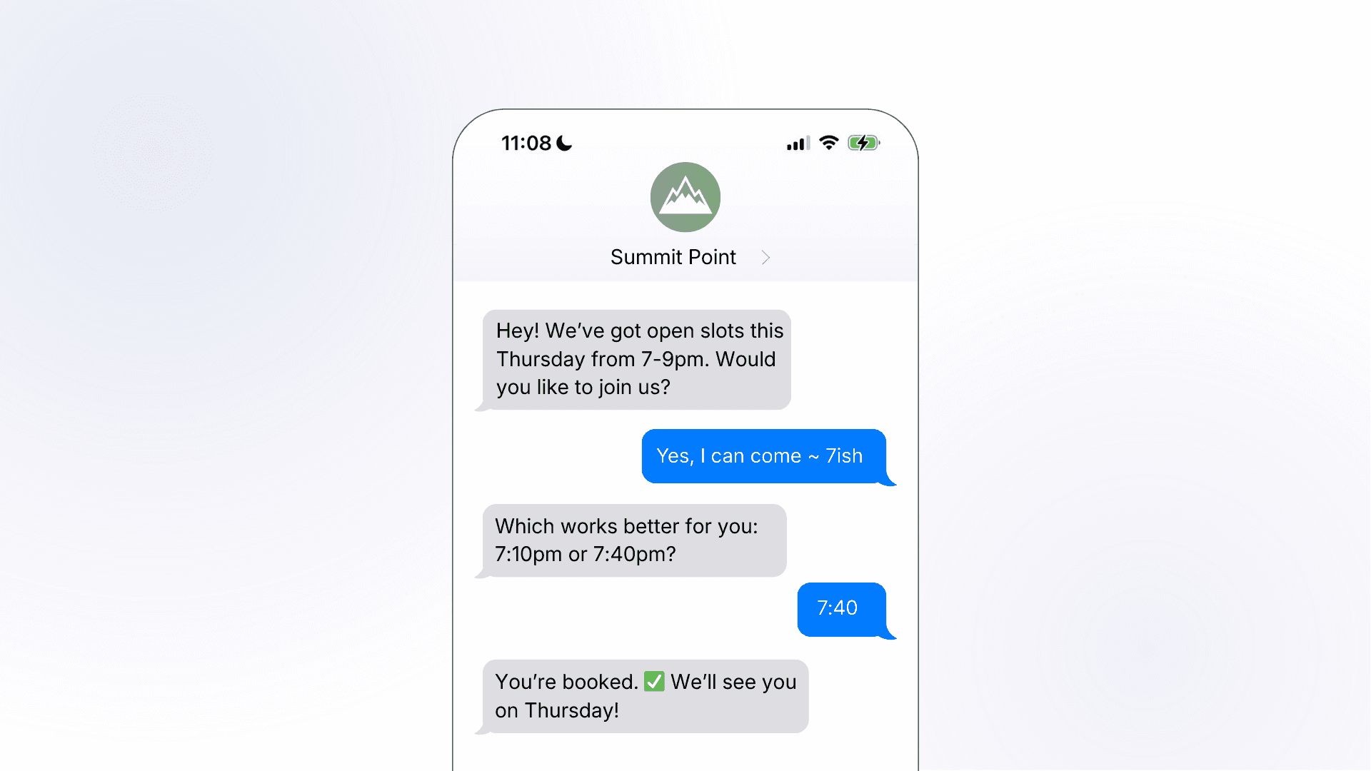 A smartphone mockup showing a Summit Point SMS conversation where the business proactively offers Thursday evening slots, and a customer books a 7:40pm time in just four messages.