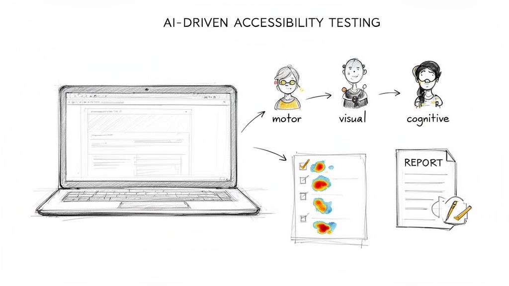 Diagram illustrating AI-driven accessibility testing for web content, showing motor, visual, and cognitive assessments, leading to heatmaps and a report.
