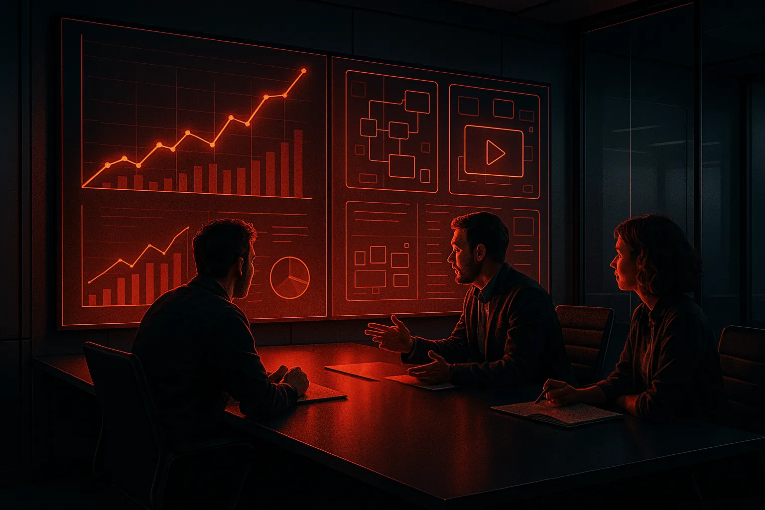 Three people discuss charts in a digital marketing meeting at RockN' Socials.