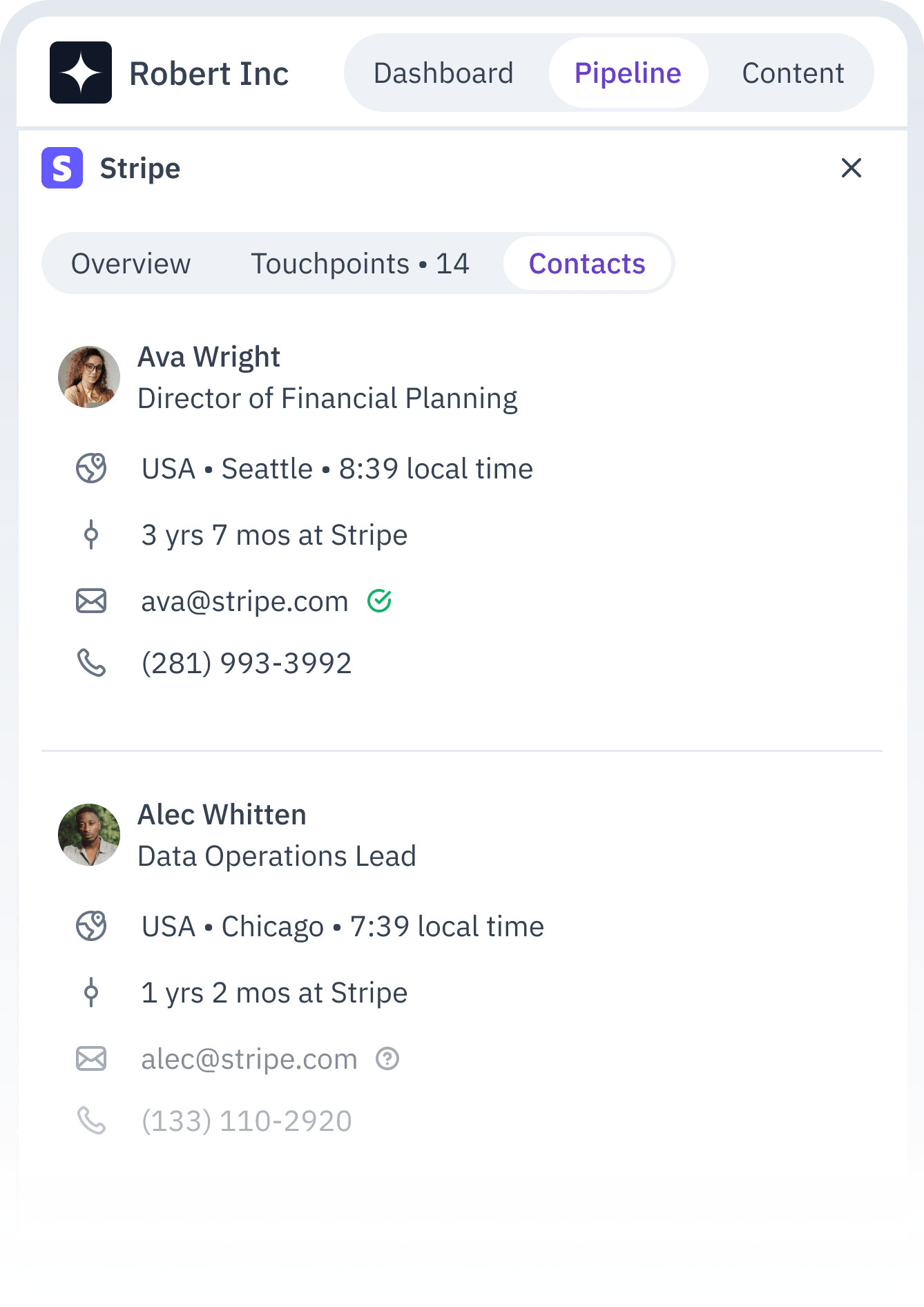 Screenshot from CustomerOS. It shows 2 users collaborating on a sales brief for the Stripe account, alongside a list of leads grouped by their stage in the buying pipeline, Target, Education, Solution, Evaluation and Ready to buy.