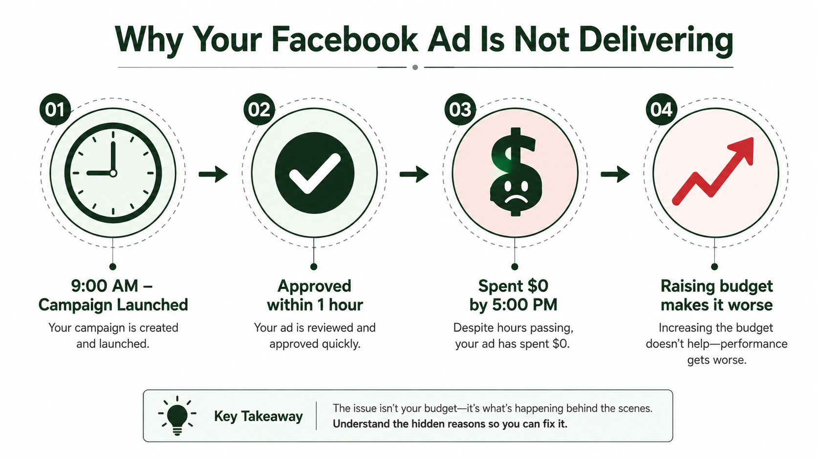 An infographic illustrating four steps of a Facebook ad not delivering despite an approved campaign.