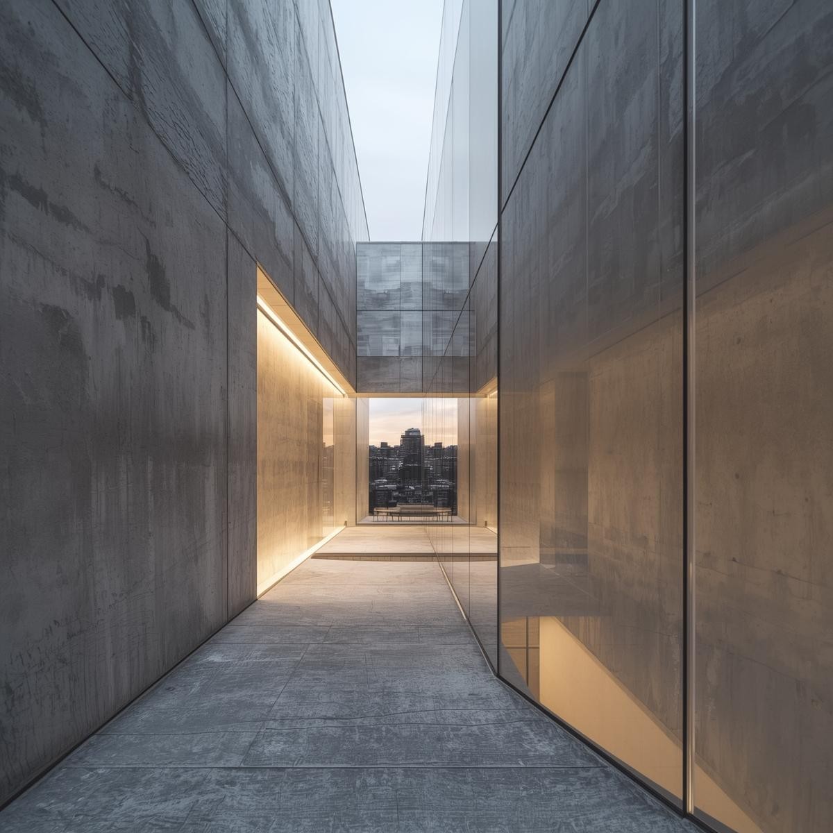 Architectural study with mirrored surfaces and reflective geometry.