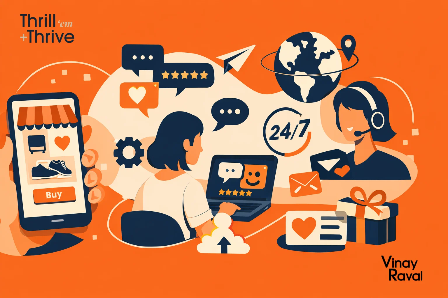 Graphic-of-a-woman-wearing-a-headset-providing-digital-support-on-a-laptop-demonstrating-how-digitizing-customer-experience-facilitates-global-human-connection.