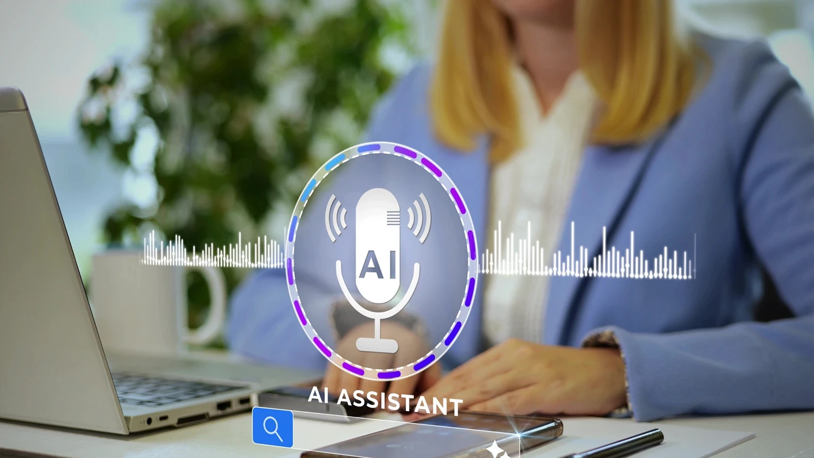 Woman Using AI Assistant With Voice Control. Close-up