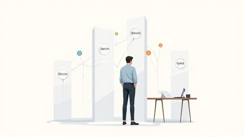 A digital interface showing financial charts and cryptocurrency symbols, representing digital money investment.