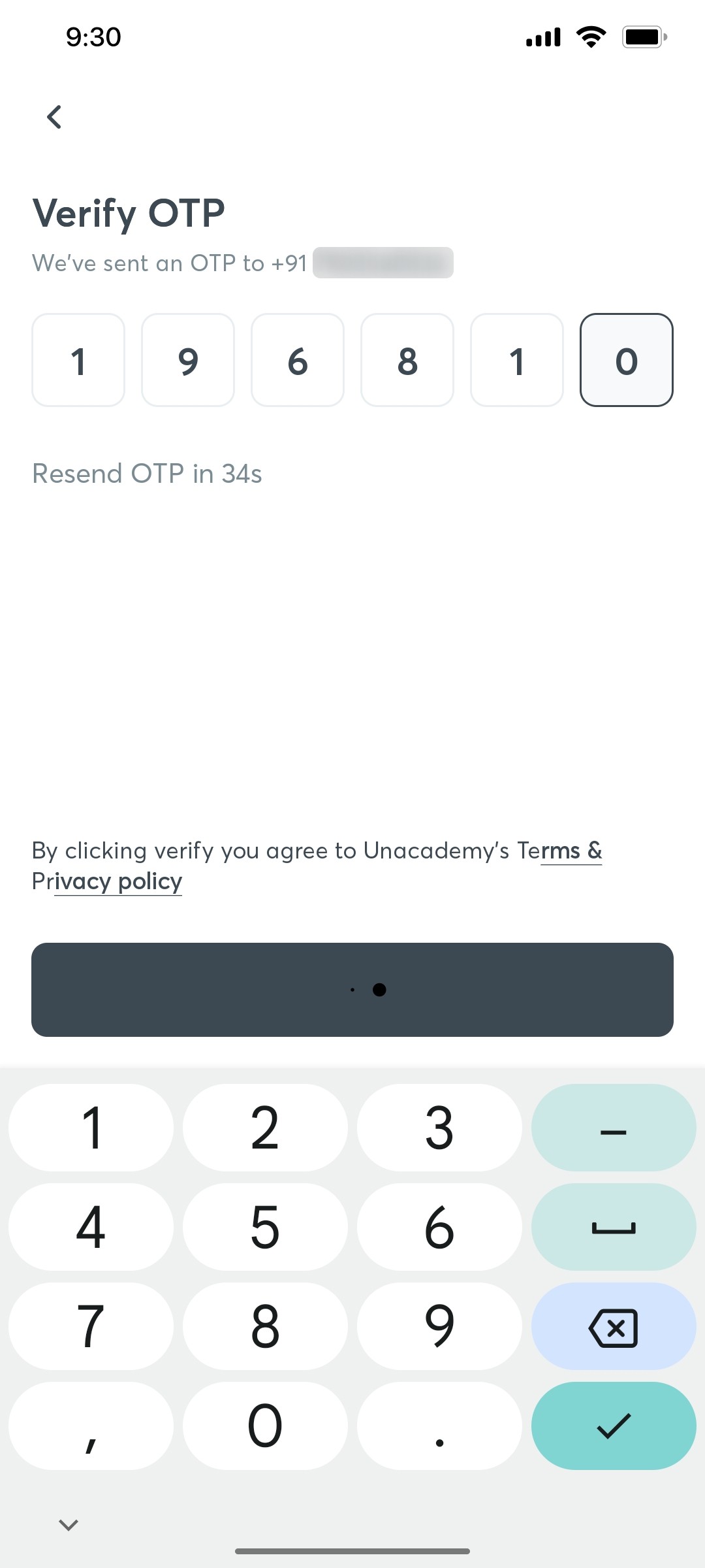 Unacademy Verify OTP Screen