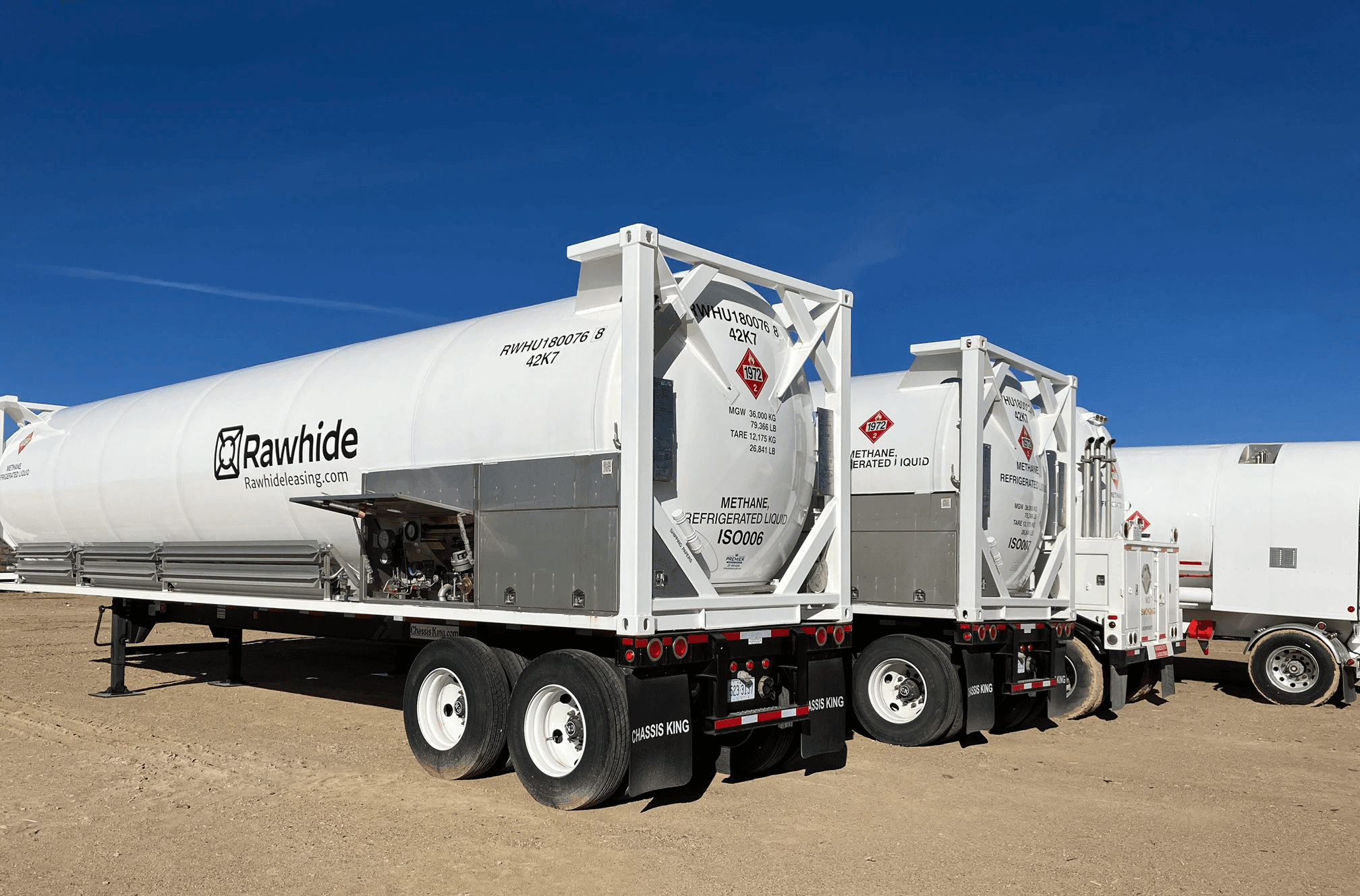 Rawhide Leasing LNG trailer with cryogenic storage tanks for liquefied natural gas, showcasing mobile LNG solutions for industrial gas transport, storage, and on-demand energy delivery.