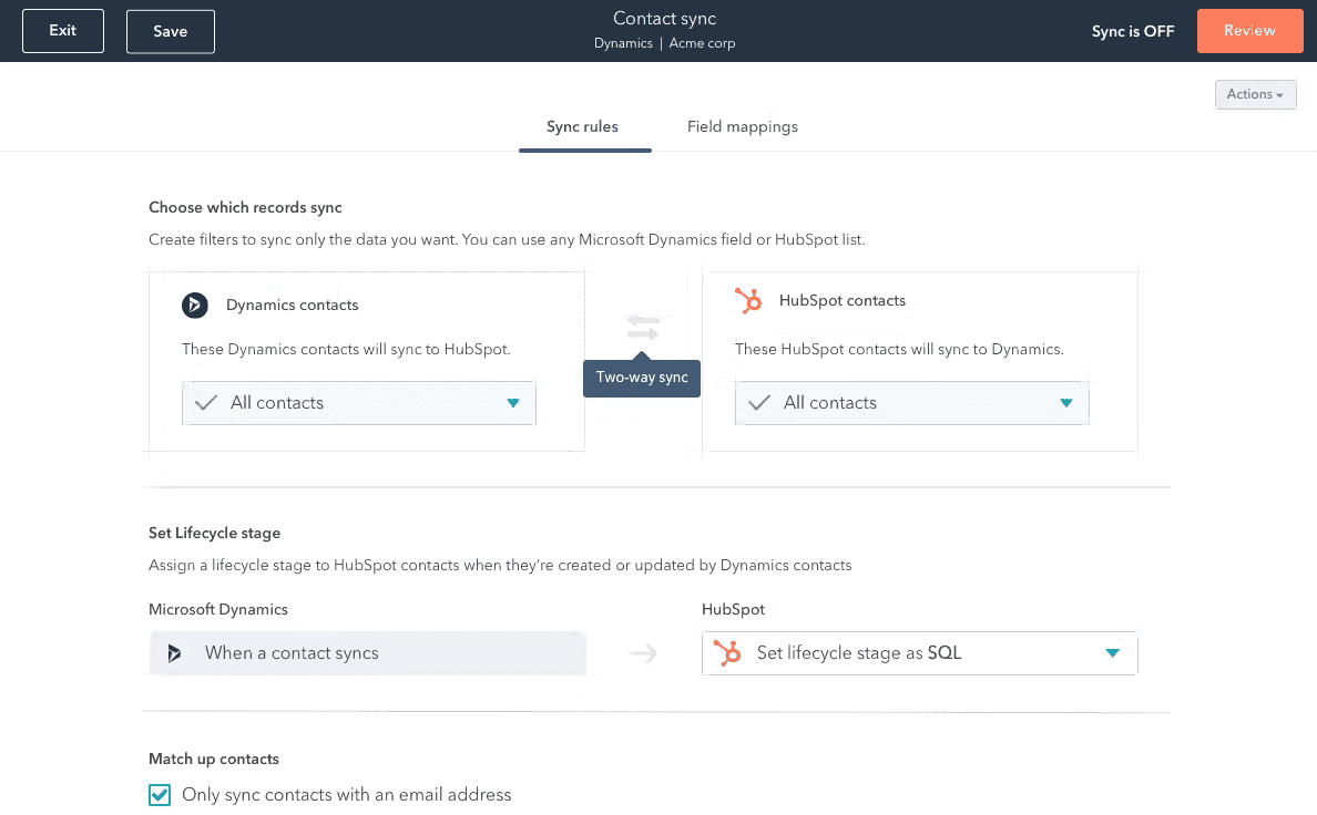 HubSpot’s interface for contact sync&nbsp;