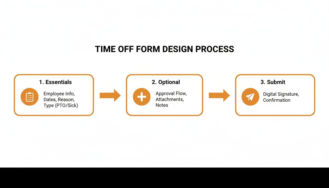 Flowchart outlining the three-step design process for an employee time off form, from essentials to submission.