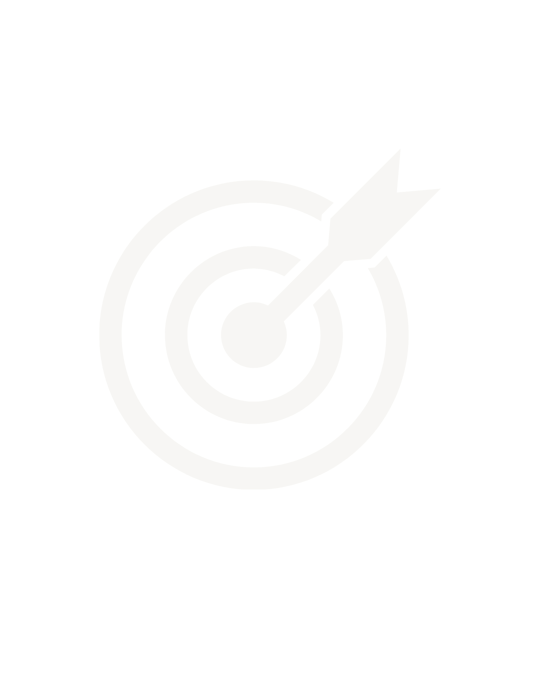 White icon of an arrow hitting the center of a target on a black background.
