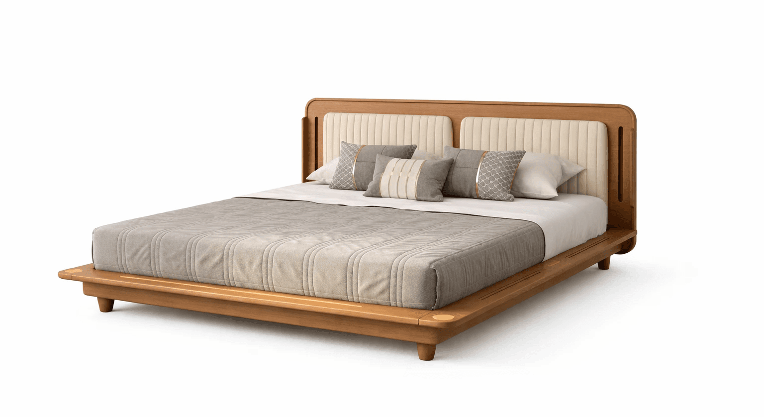 Wooden platform bed with flat headboard, open base design, and simple geometry