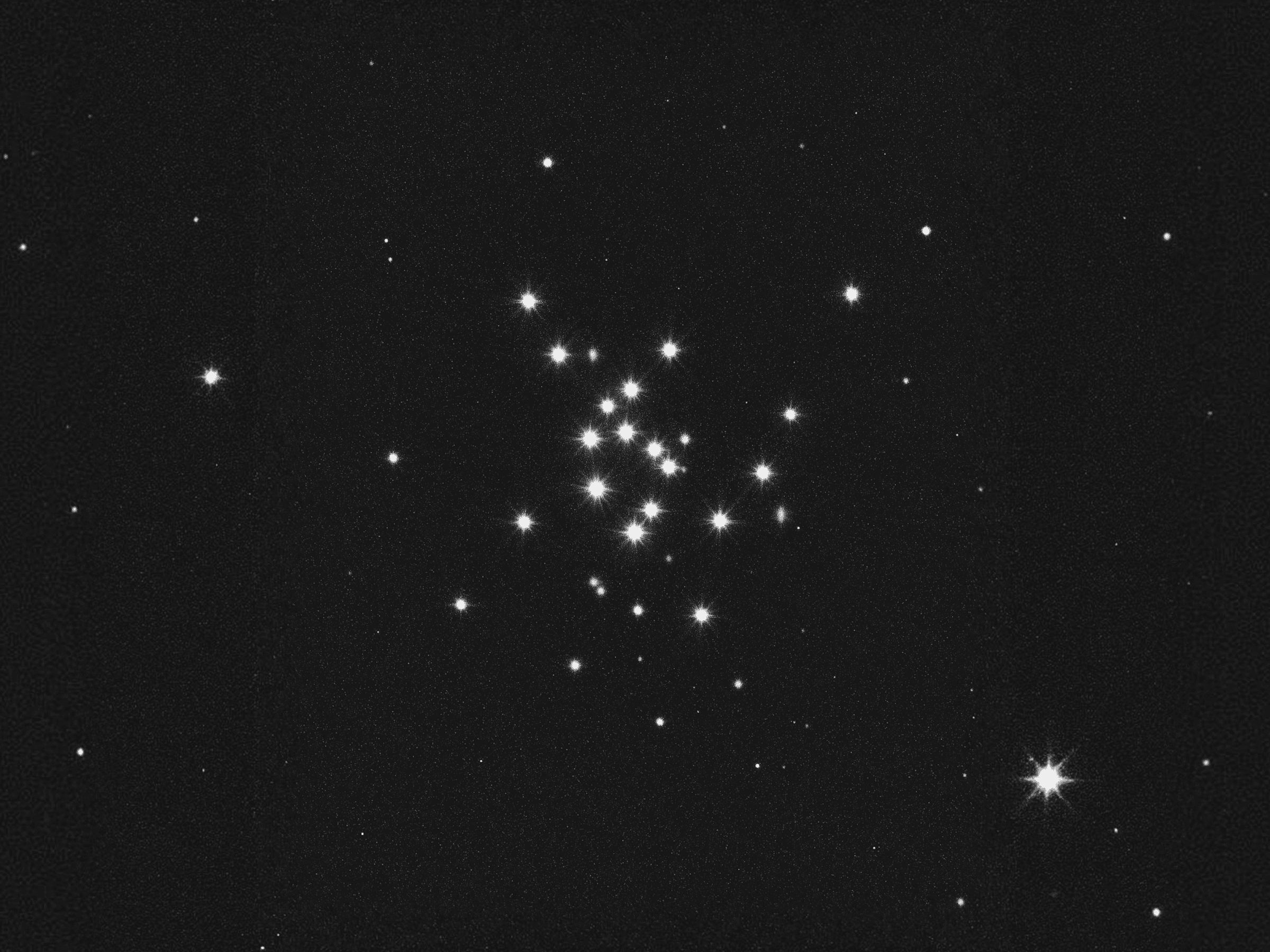 star cluster in deep space night sky, dense group of bright stars on dark cosmic background, gravitational attraction concept, minimal astrophysics visual, universe connection metaphor