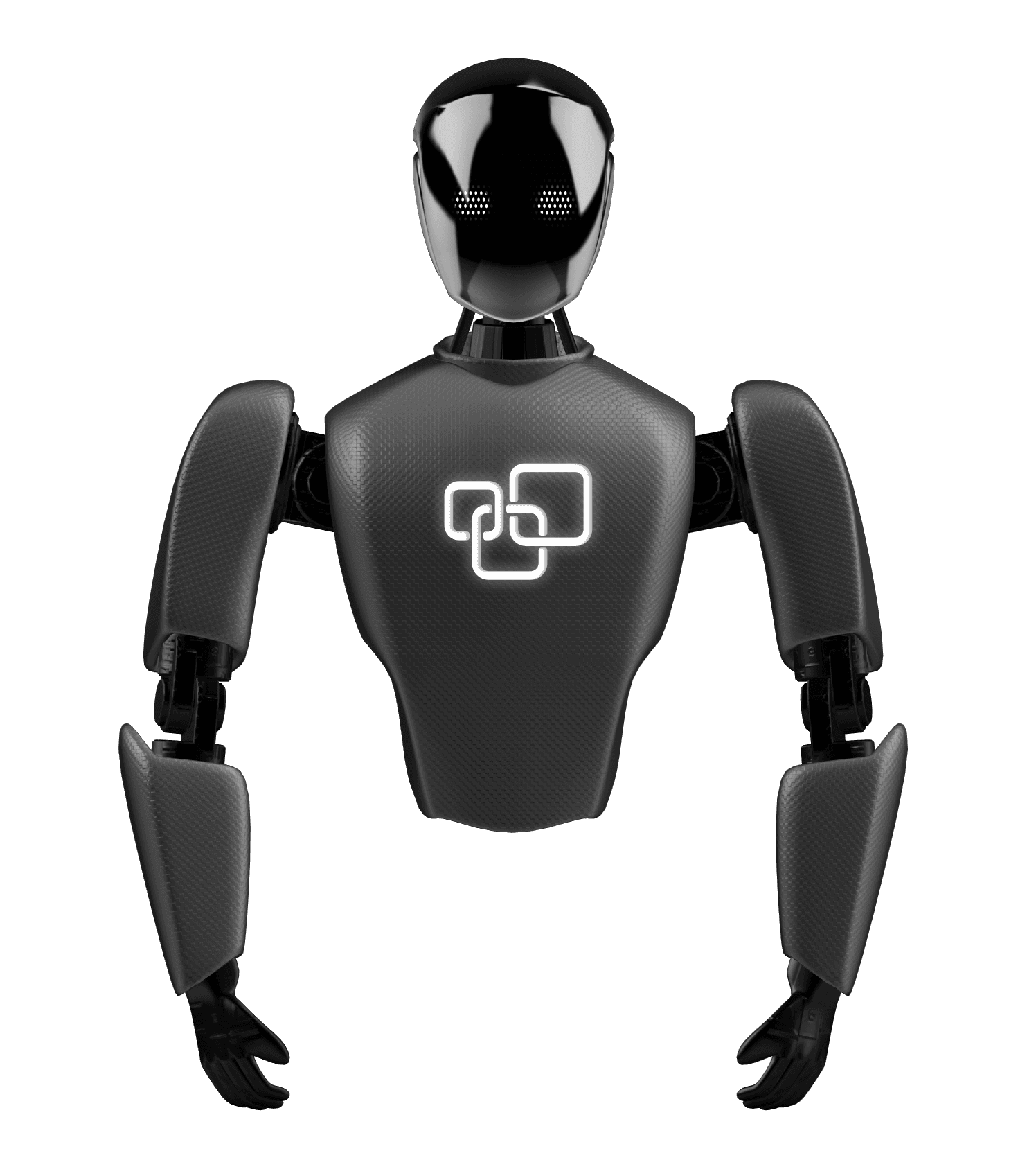 Black, shiny robot with a three glowing squares on its chest