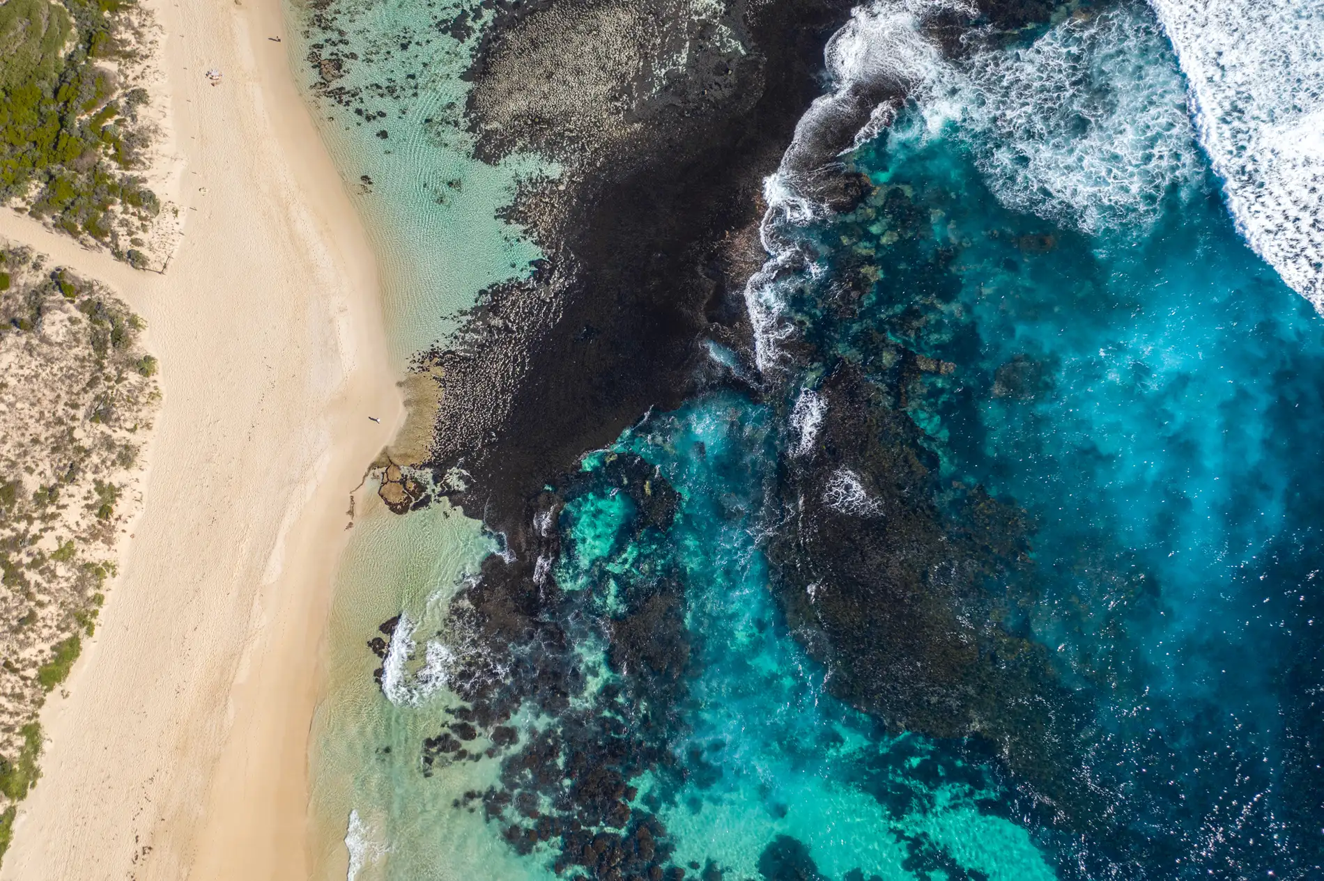 Aerial of a beach where pale sand meets dark reef and turquoise shallows
