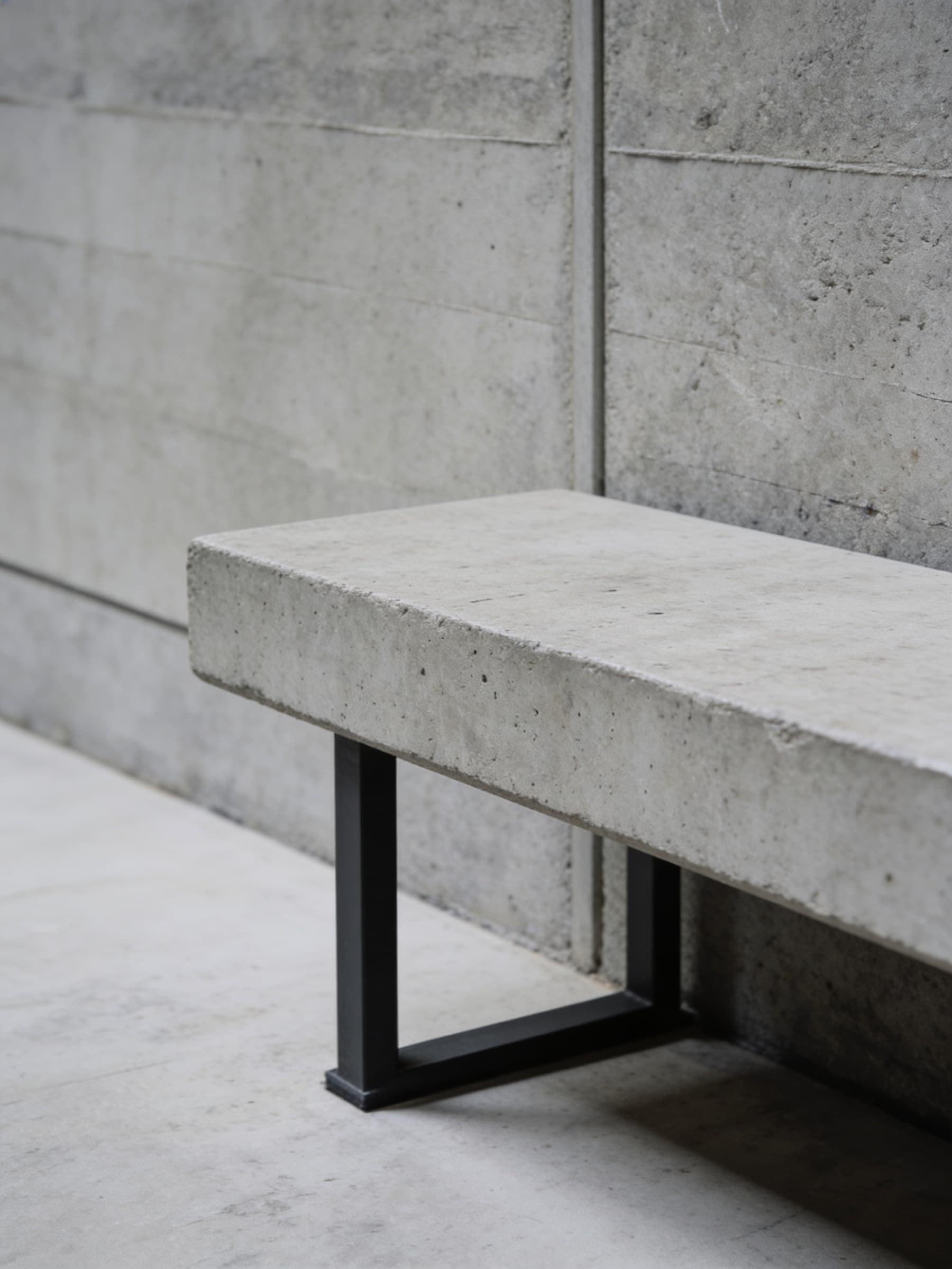 A minimalist concrete bench with sleek black metal legs is positioned against a textured gray concrete wall, on a smooth concrete floor, creating a modern urban aesthetic.