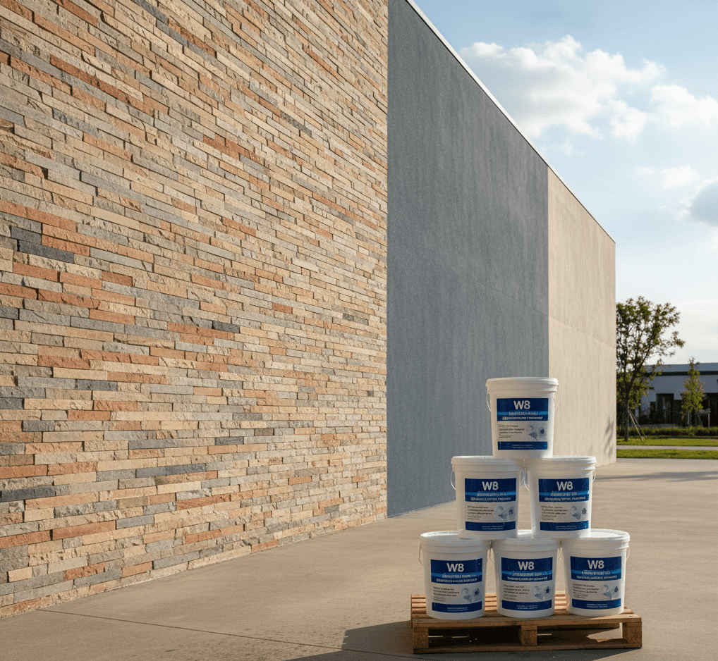 Rain falls on a brick building.