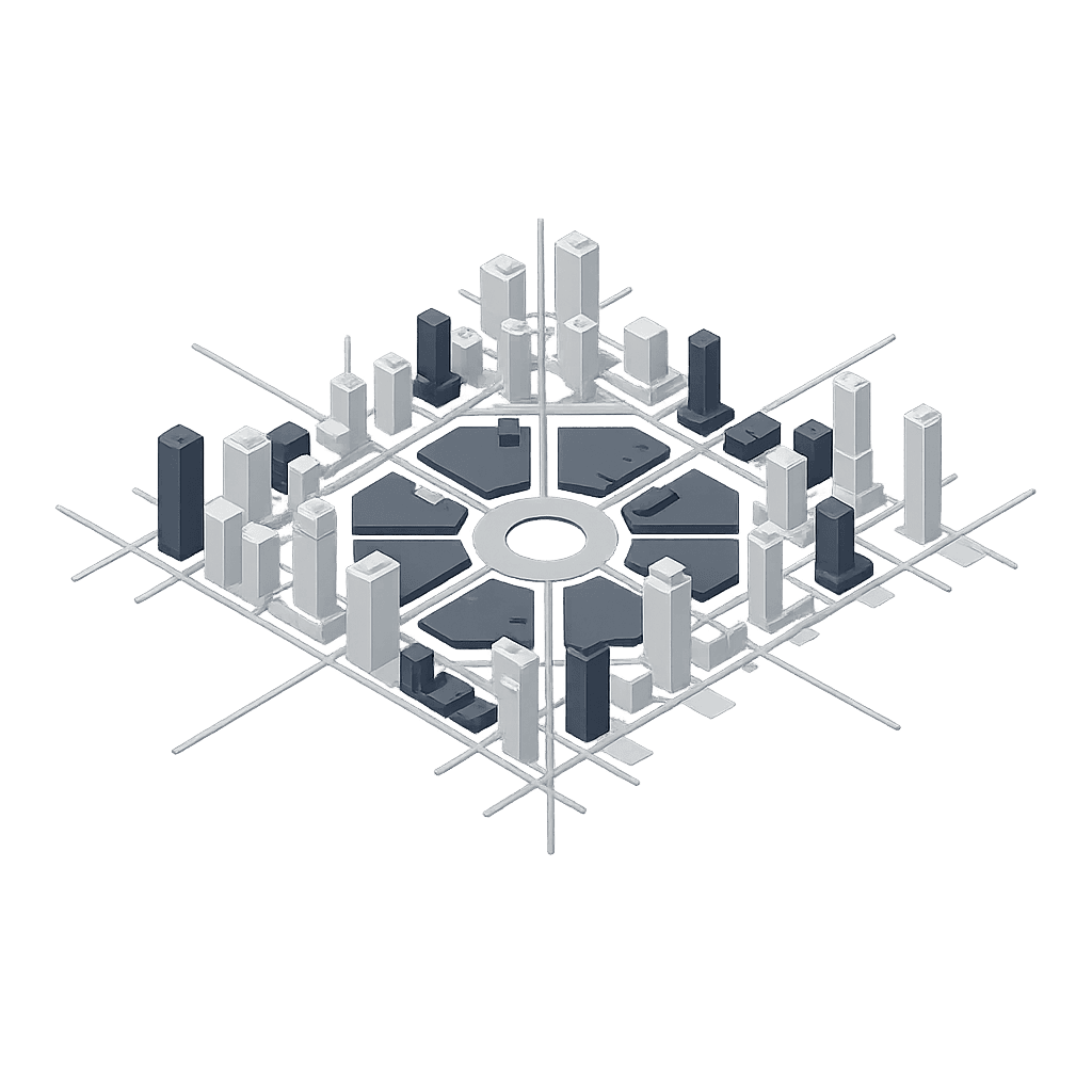 Isometric illustration of a circular city layout. Tall gray and white buildings form a symmetrical pattern, conveying a modern, organized urban atmosphere.