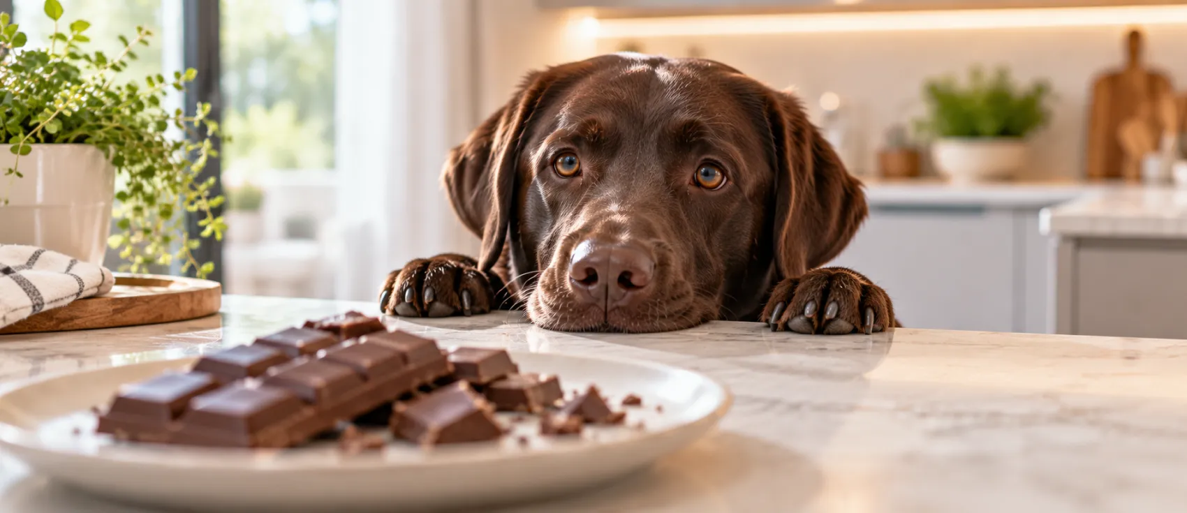Chocolate Labrador resting its chin on a table beside a plate of chocolate chunks.