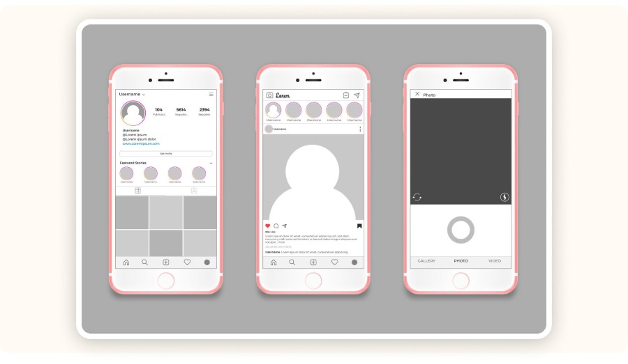 Trois smartphones affichant écrans profil, fil et caméra application Instagram.