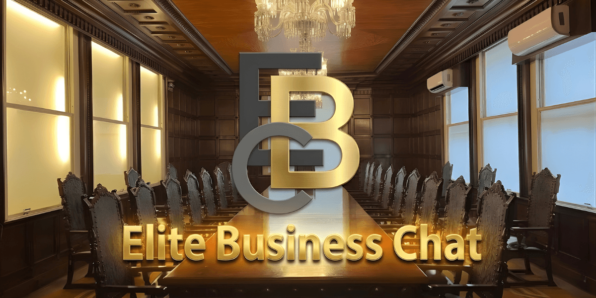 Elegant boardroom with long table and chandelier, overlaid with gold EBC logo and “Elite Business Chat” text.