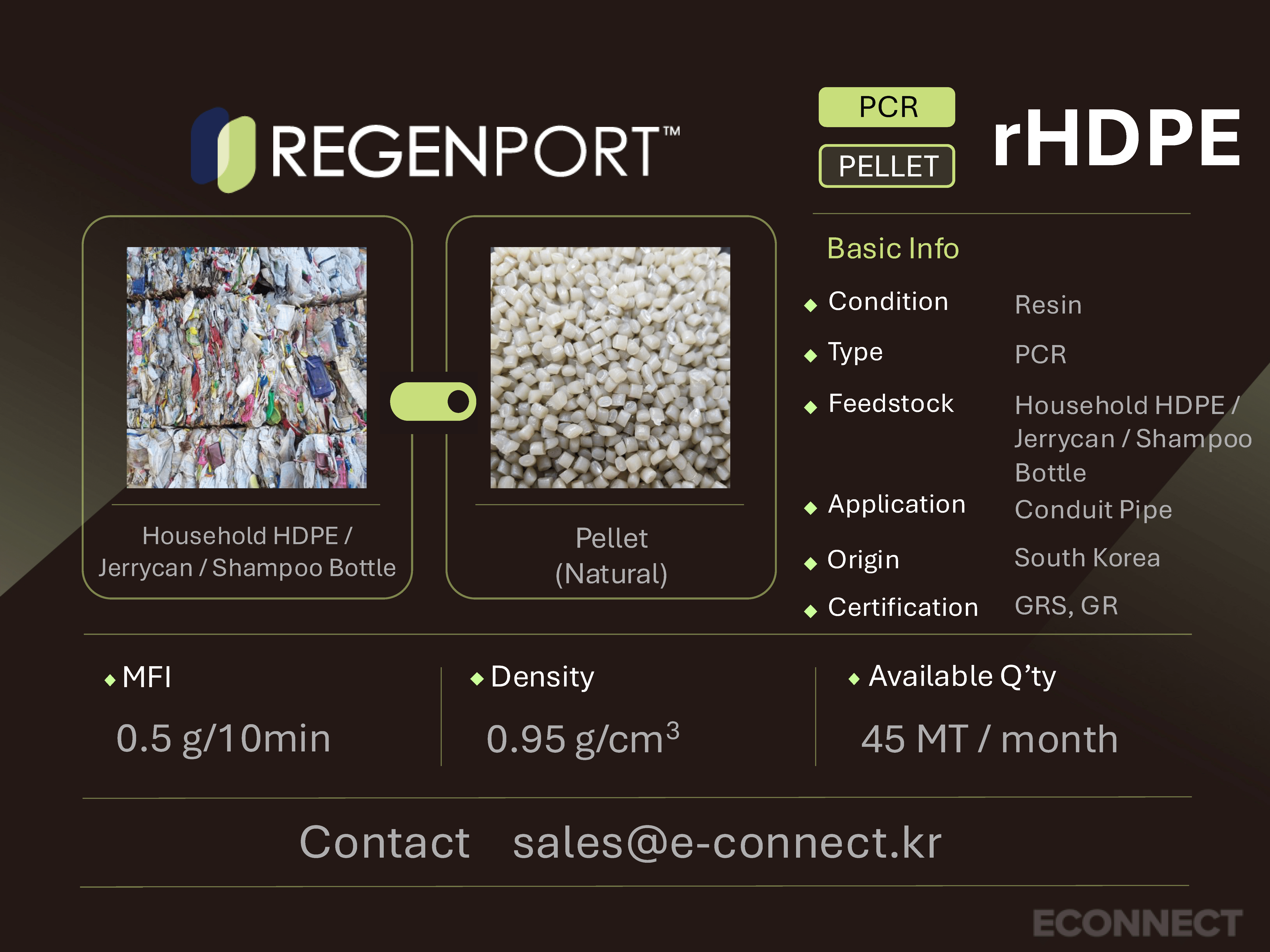 rHDPE PCR resin spec card - Household HDPE, jerrycan and shampoo bottle waste to pellet form