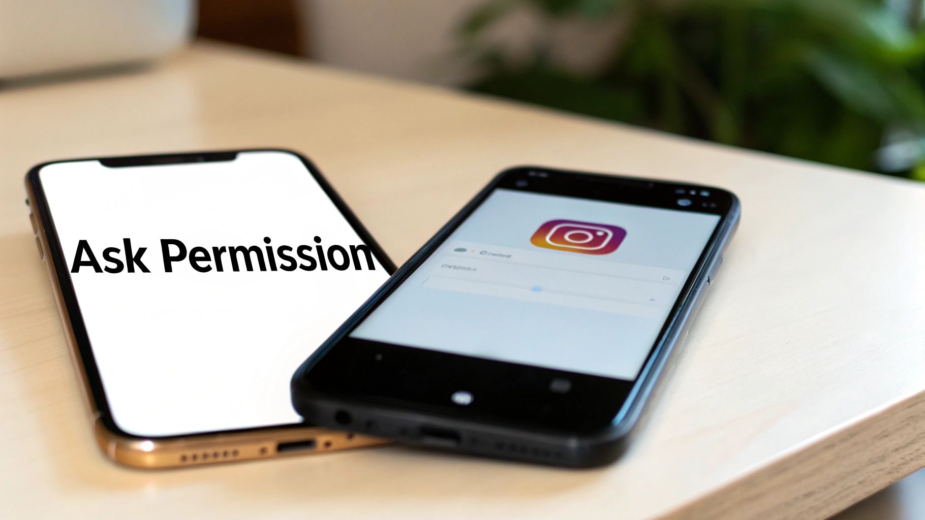 Two smartphones on a wooden table, one displaying 'Ask Permission', the other showing Instagram.