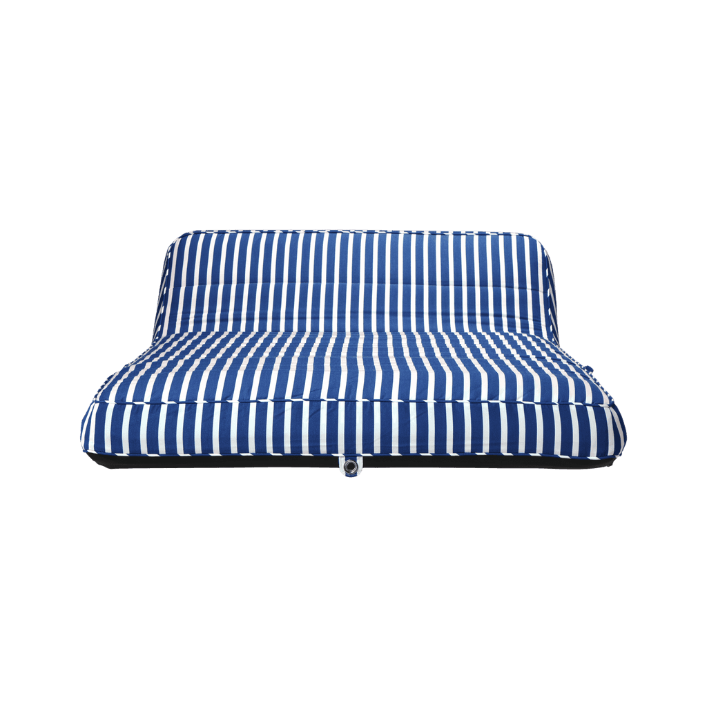 Luxury double pool float in blue-and-white stripe canvas with quilted panels and jet-black base