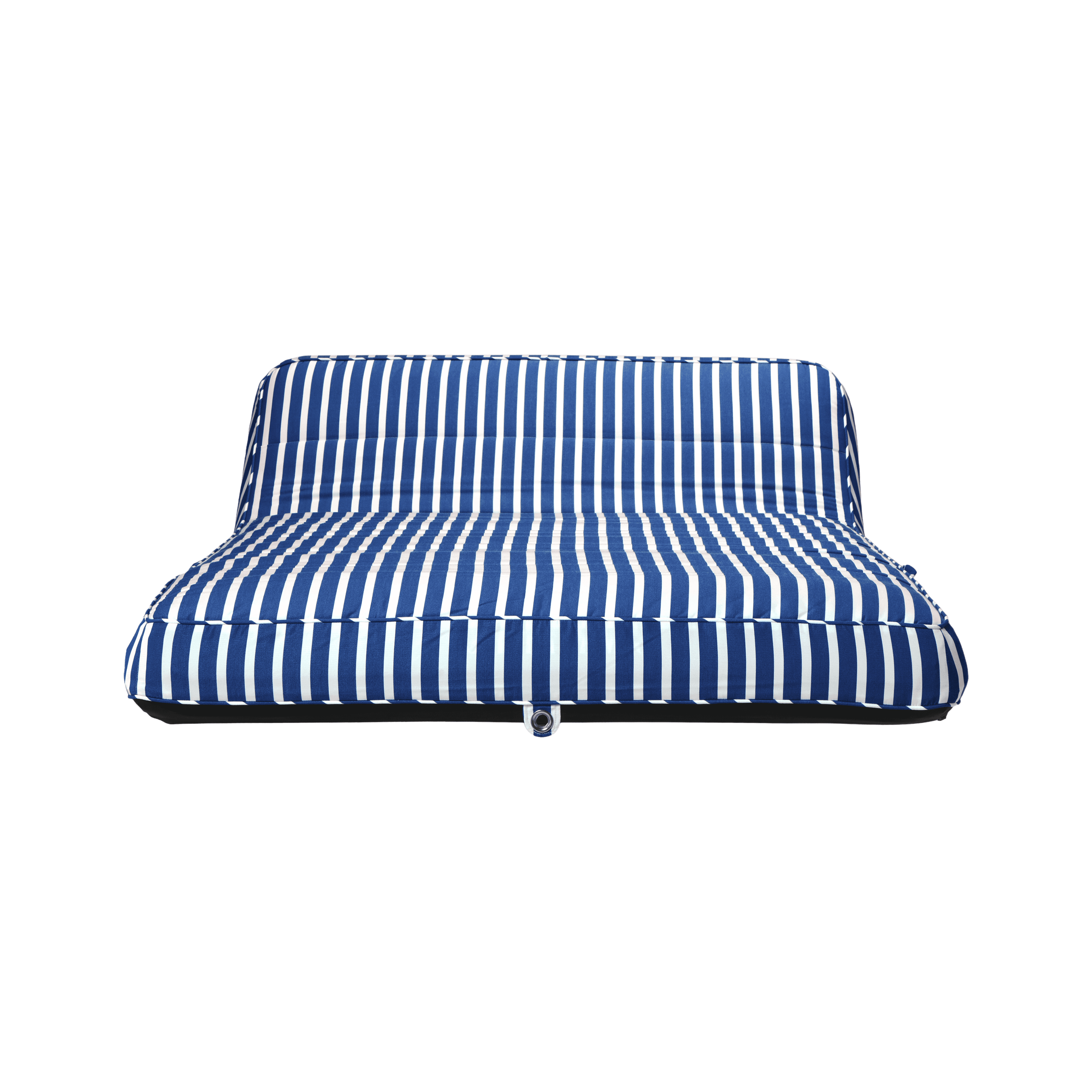 Luxury double pool float in blue-and-white stripe canvas with quilted panels and jet-black base