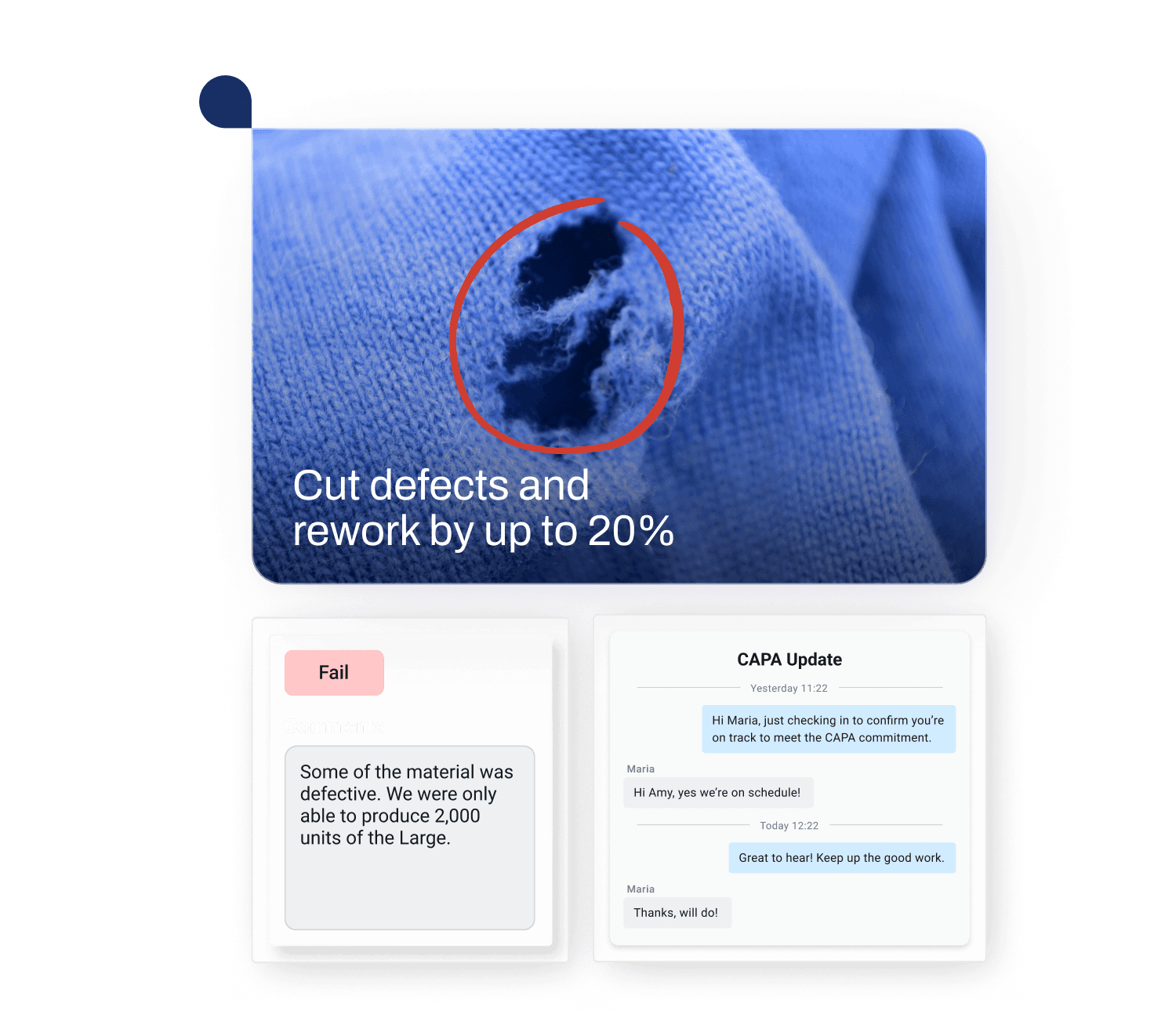 Quality Management solution showing inspection results, defect rates, and quality performance analytics.