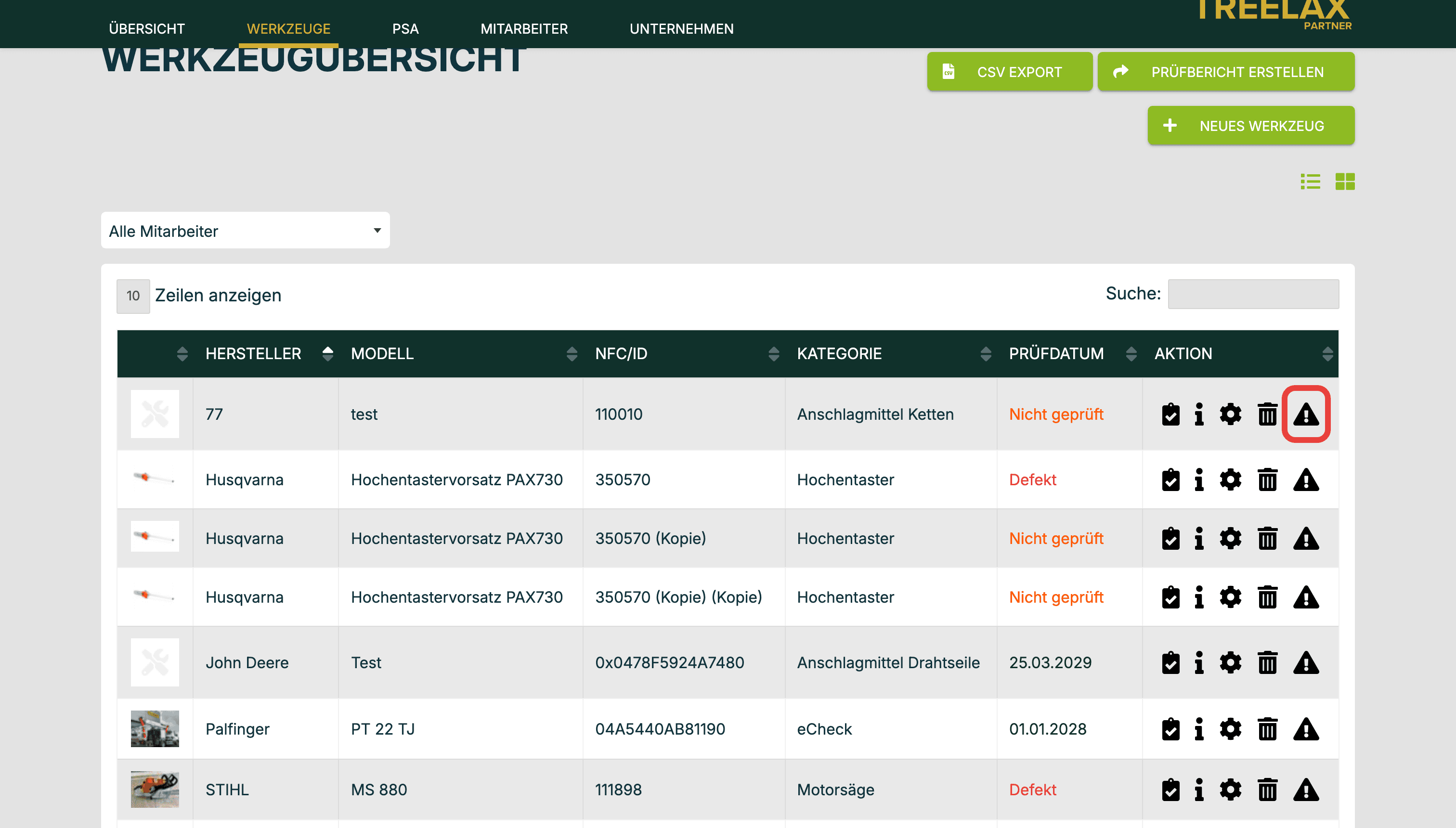 Das Warndreieck in der Spalte „Aktion