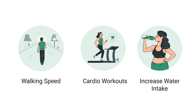 walking speed, cardio workouts, increase water intake