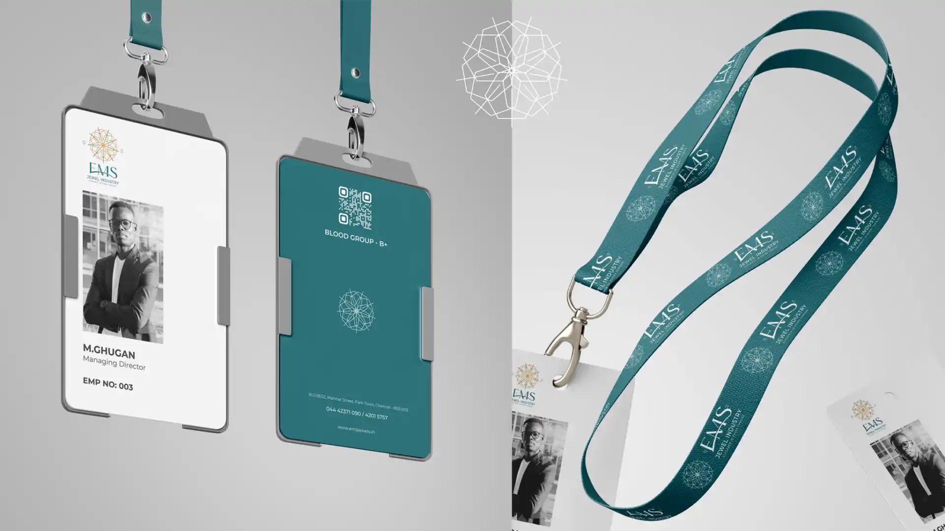 EMS Jewellers employee ID card and branded lanyard collateral design