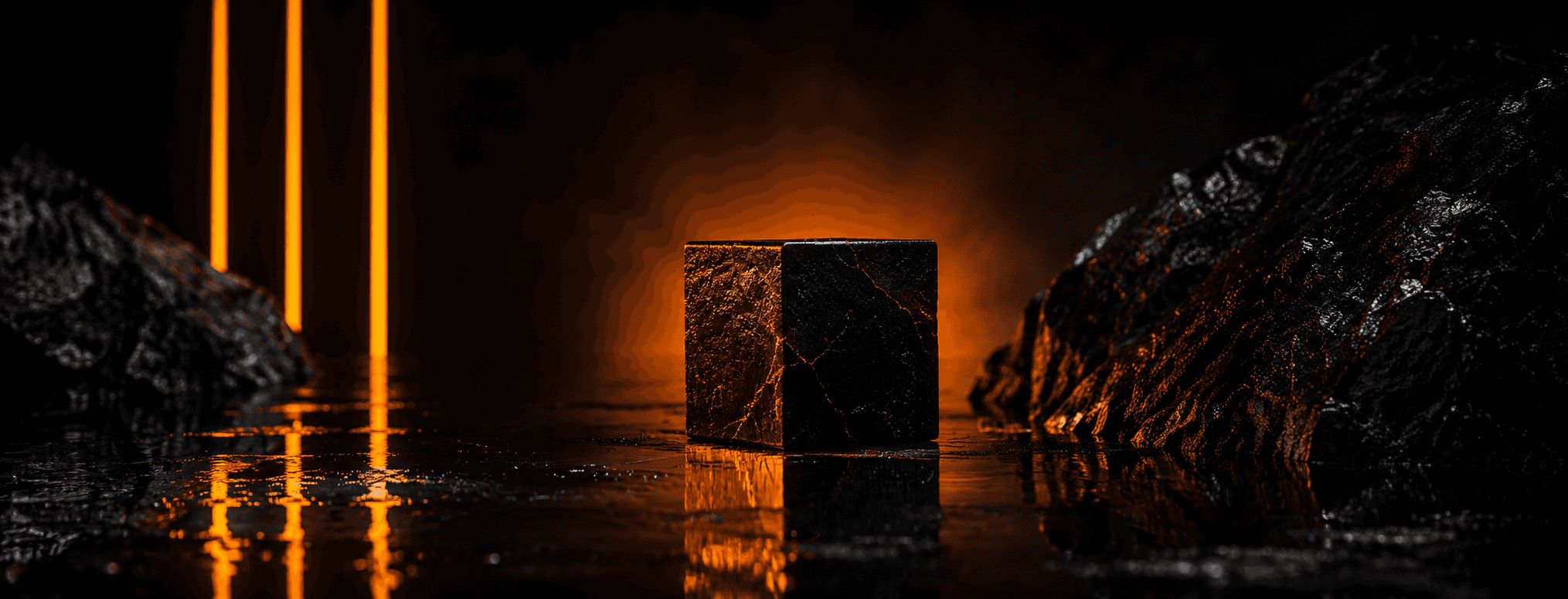 A black marble cube, uniquely illuminated by a warm orange glow, sits amid a dark, reflective surface, flanked by rugged black rocks and vertical orange light bars in the background, creating a striking visual contrast and design by OQS.