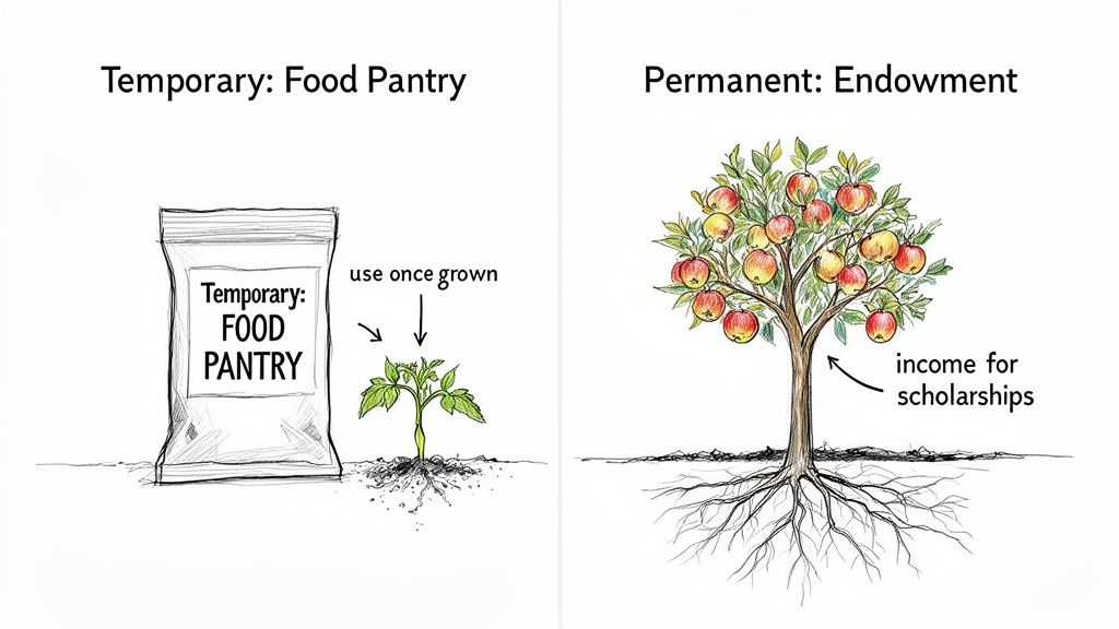 An illustration comparing temporary food pantry aid to a permanent endowment, providing continuous scholarships.