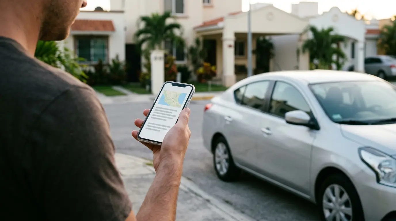 A guest standing beside a parked car on a residential street, holding a phone that shows a single guidebook article with a small map at the top.