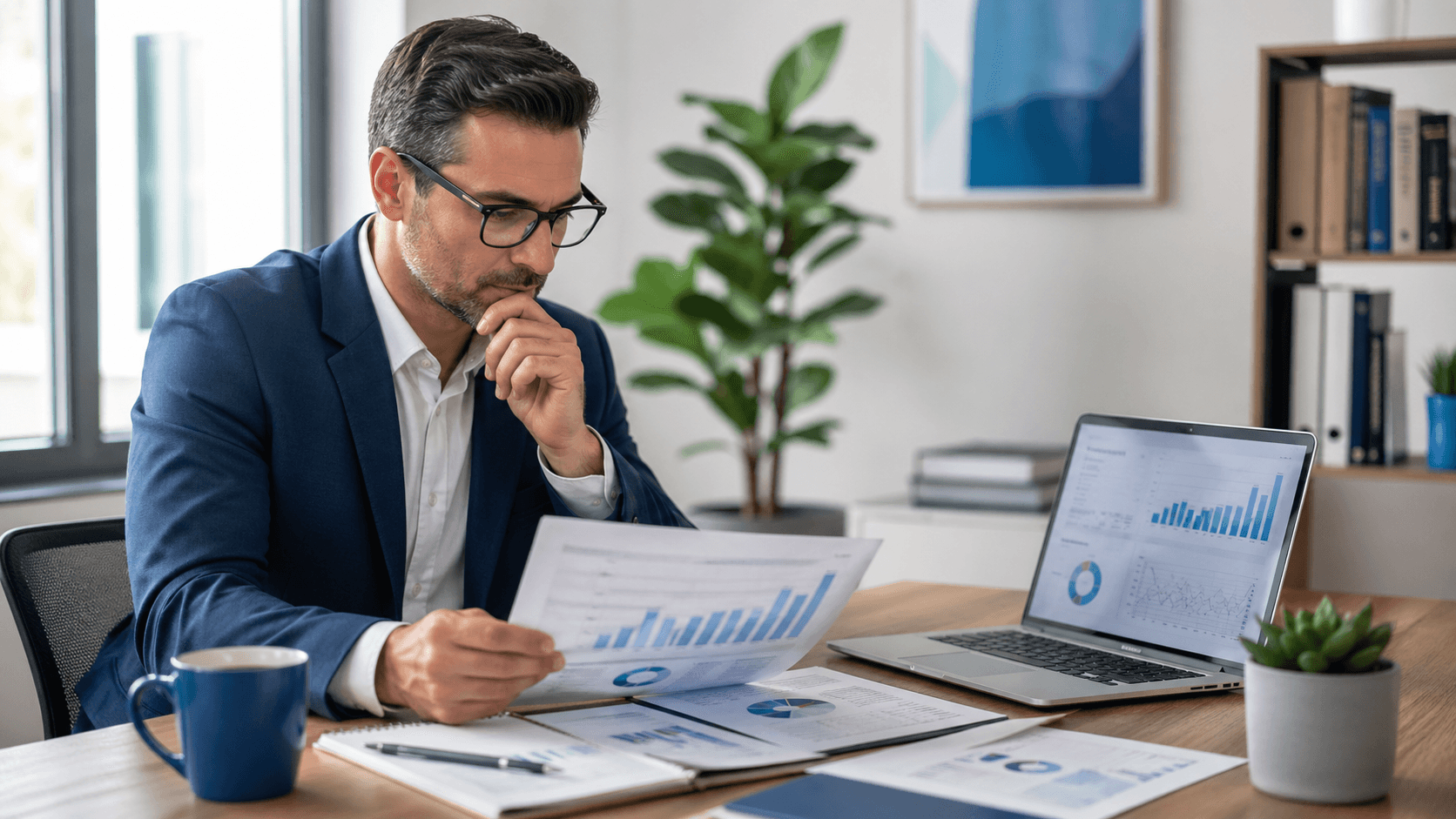 Business professional reviewing performance results and efficiency gains in a modern workspace.