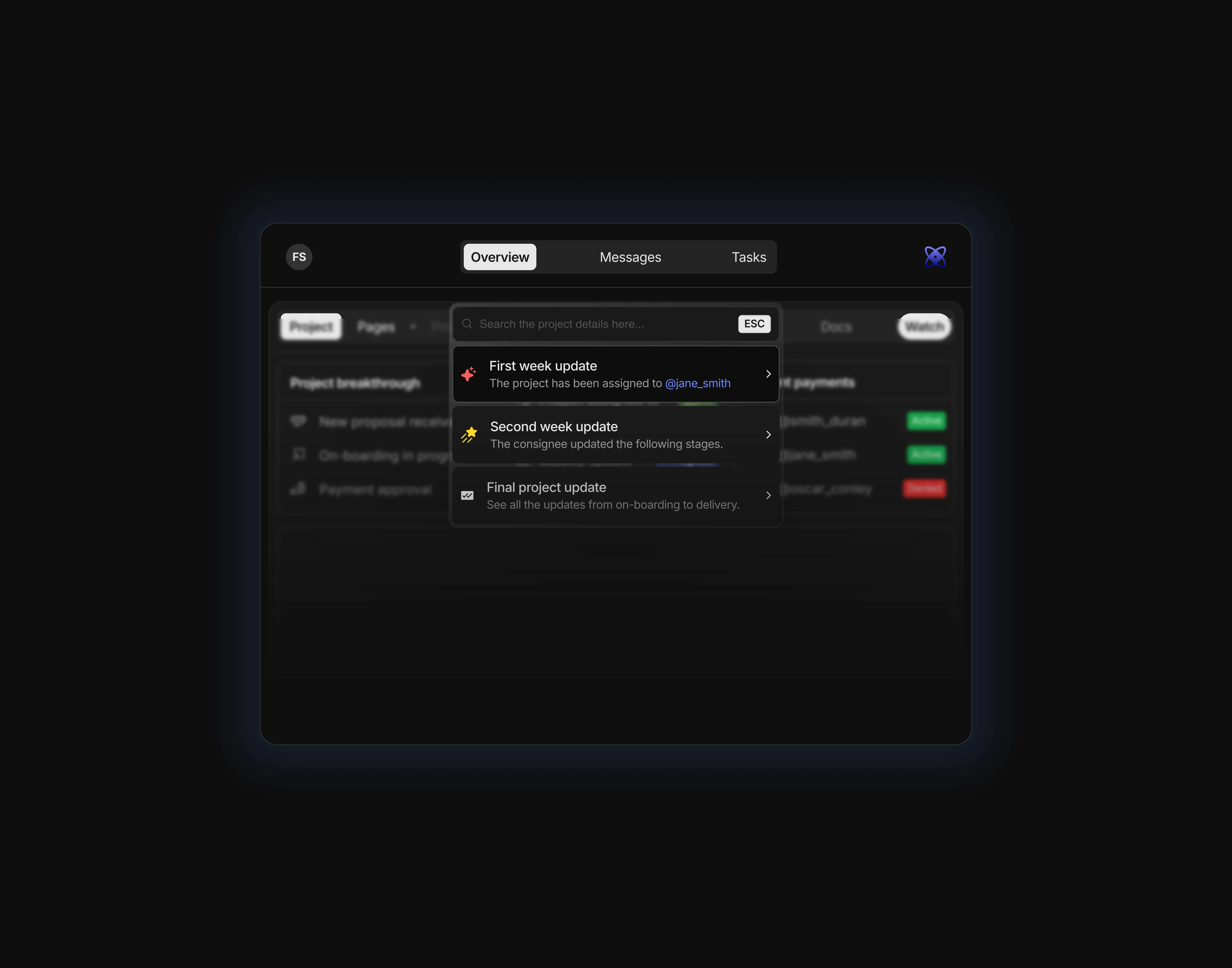 A dark themed dashboard with a dialogue box having a blurred background for tablet screens.