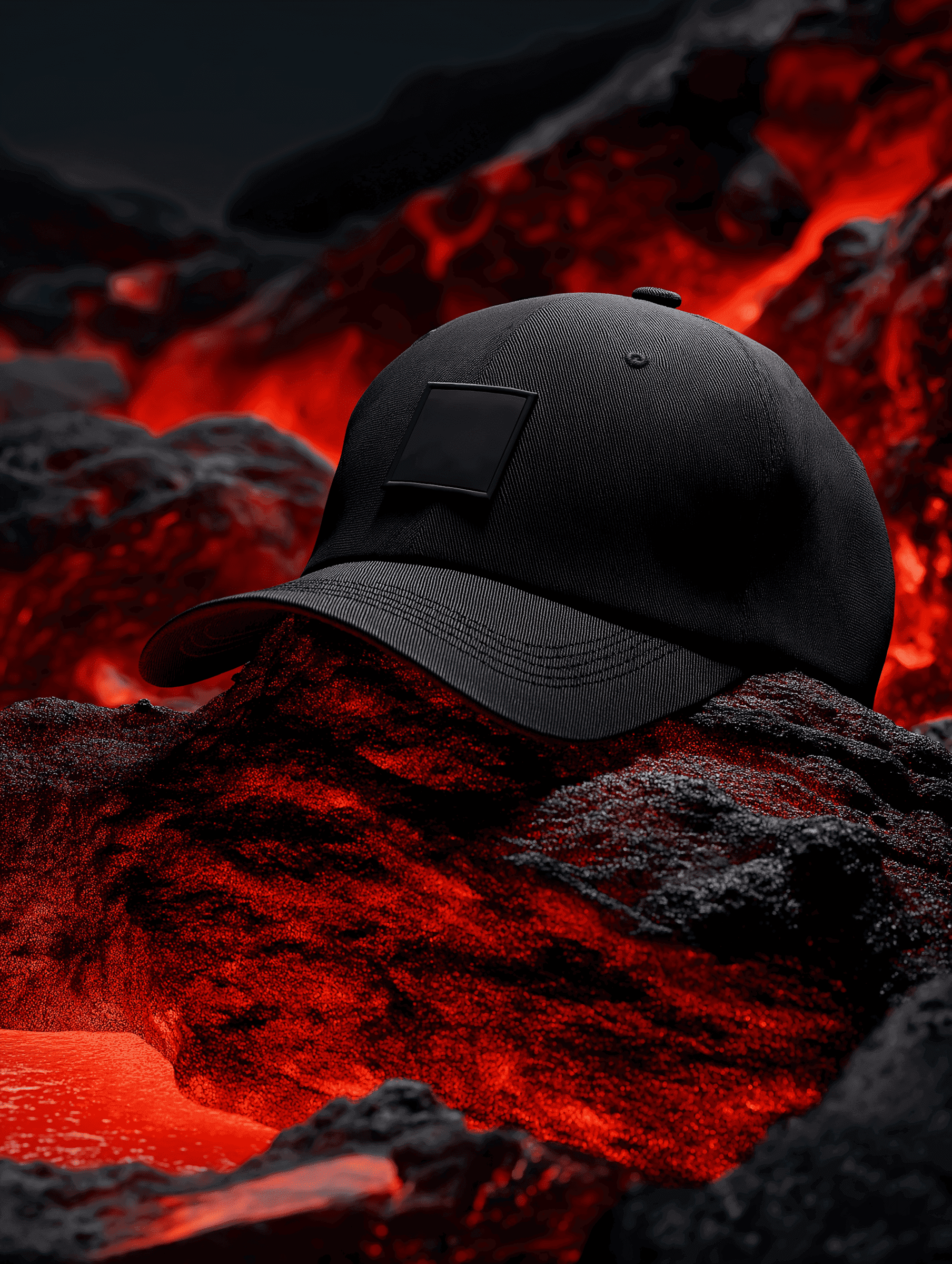 Black baseball cap placed on lava rocks with glowing magma in background